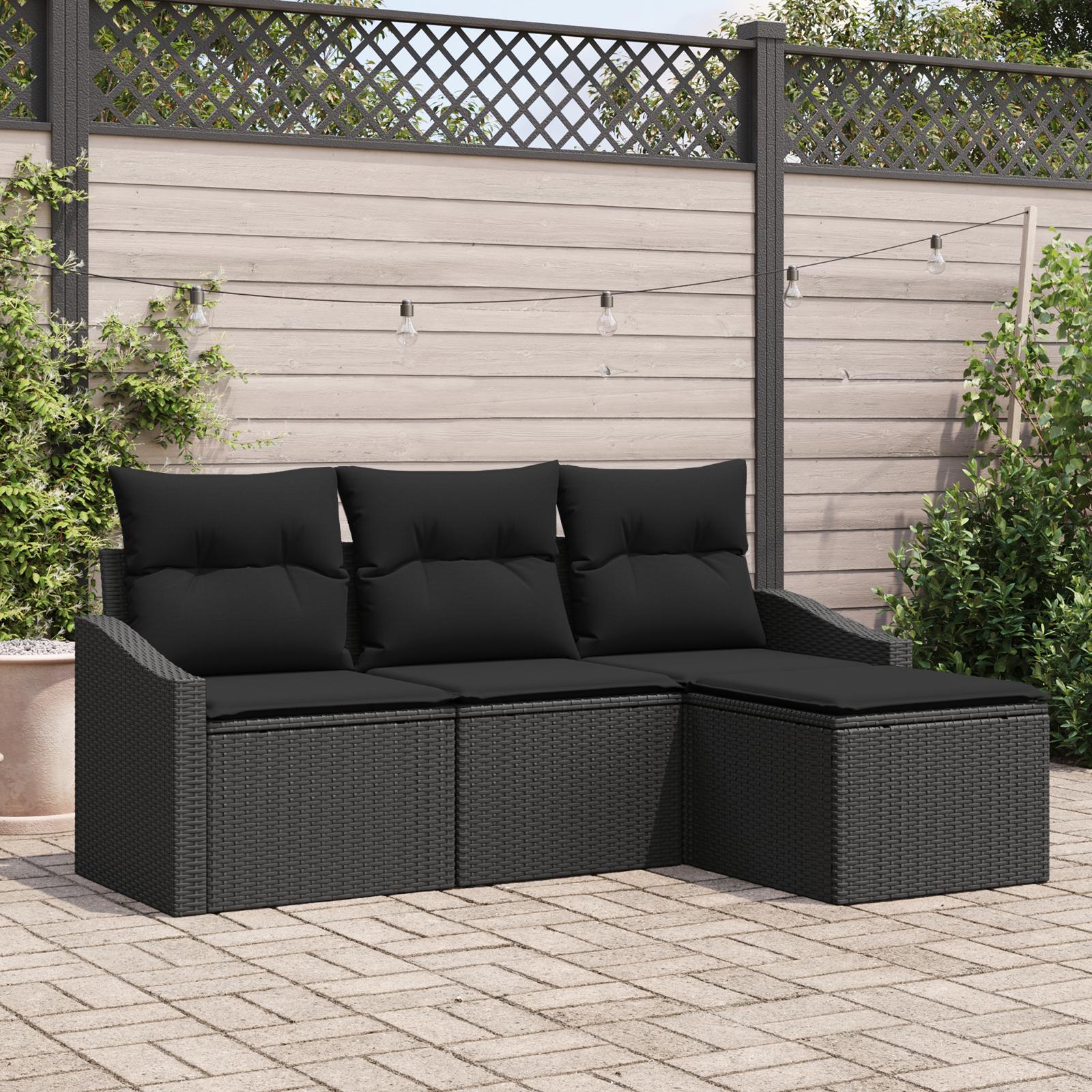 Havemøbelsæt med puder 4 dele i sort polyrattan