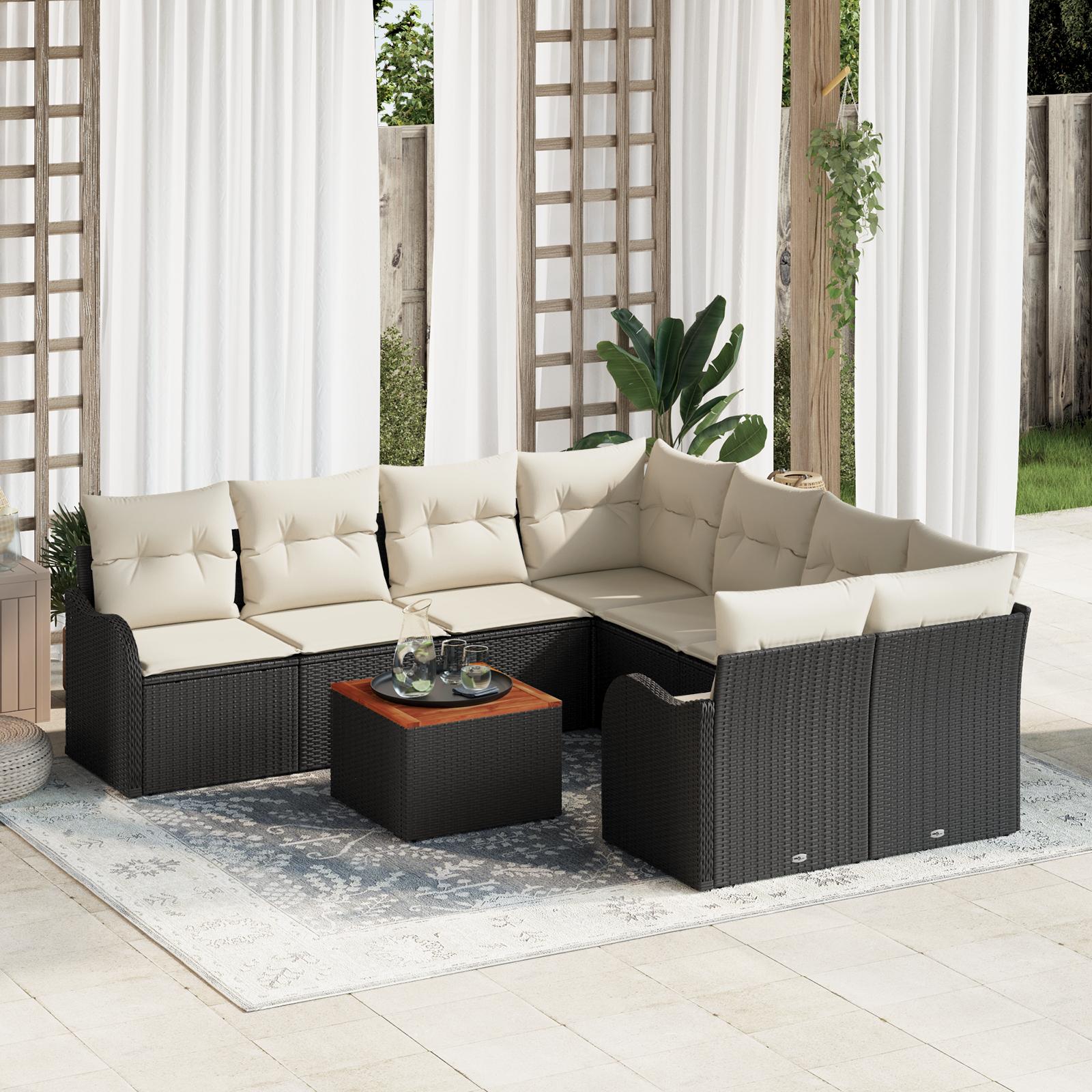 Modulært havesofasæt i sort polyrattan med puder - 9 dele