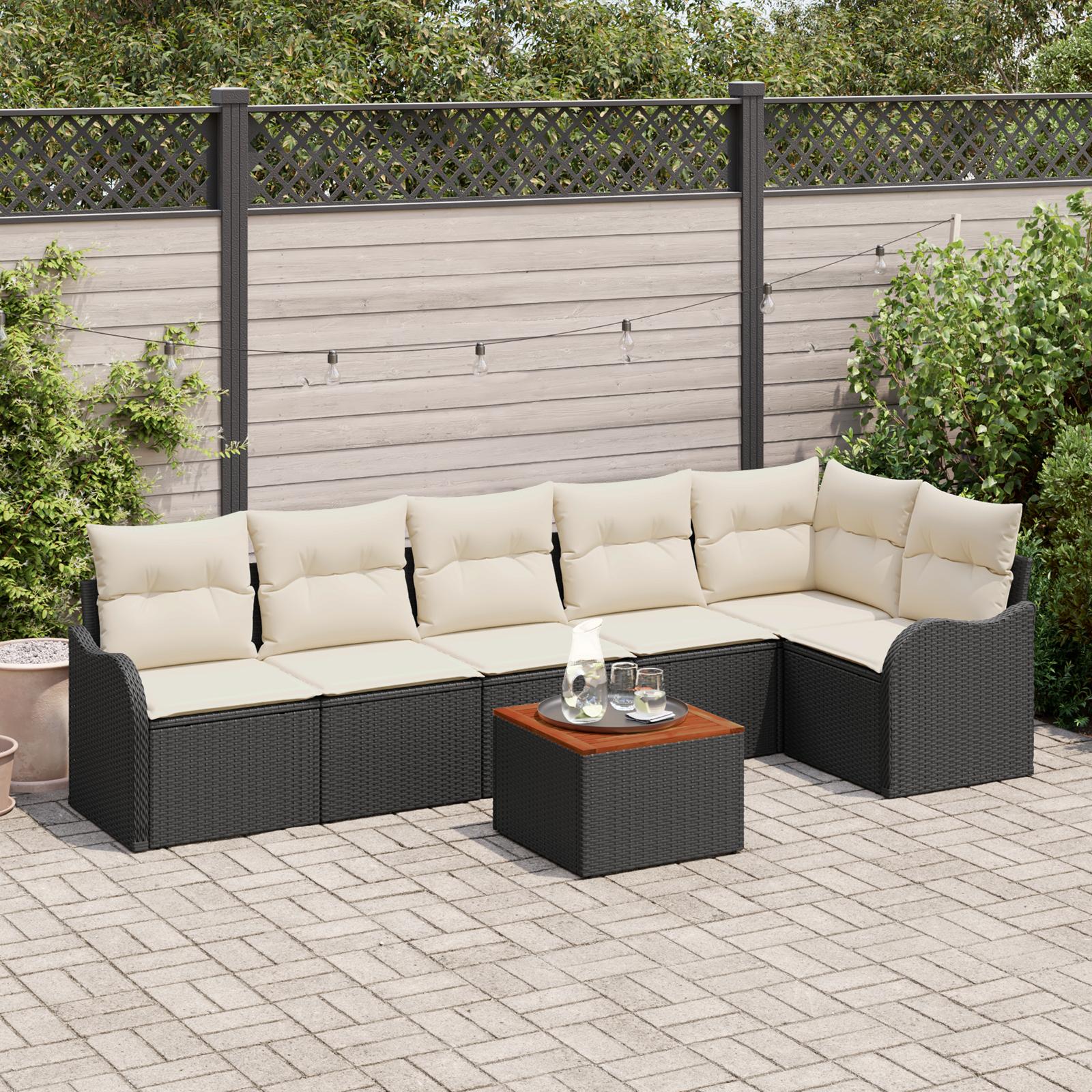 Modulært havesofa-sæt i sort polyrattan med puder - 7 dele