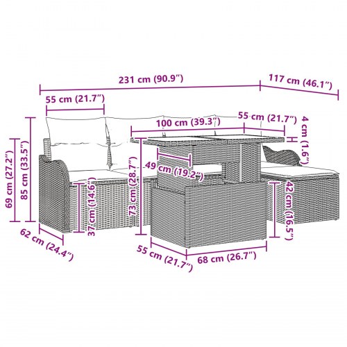 6-delt Have Sofa Sæt med Puder Sort Poly Rattan, 2-personers Have Sofa med Puder Sort Poly Rattan