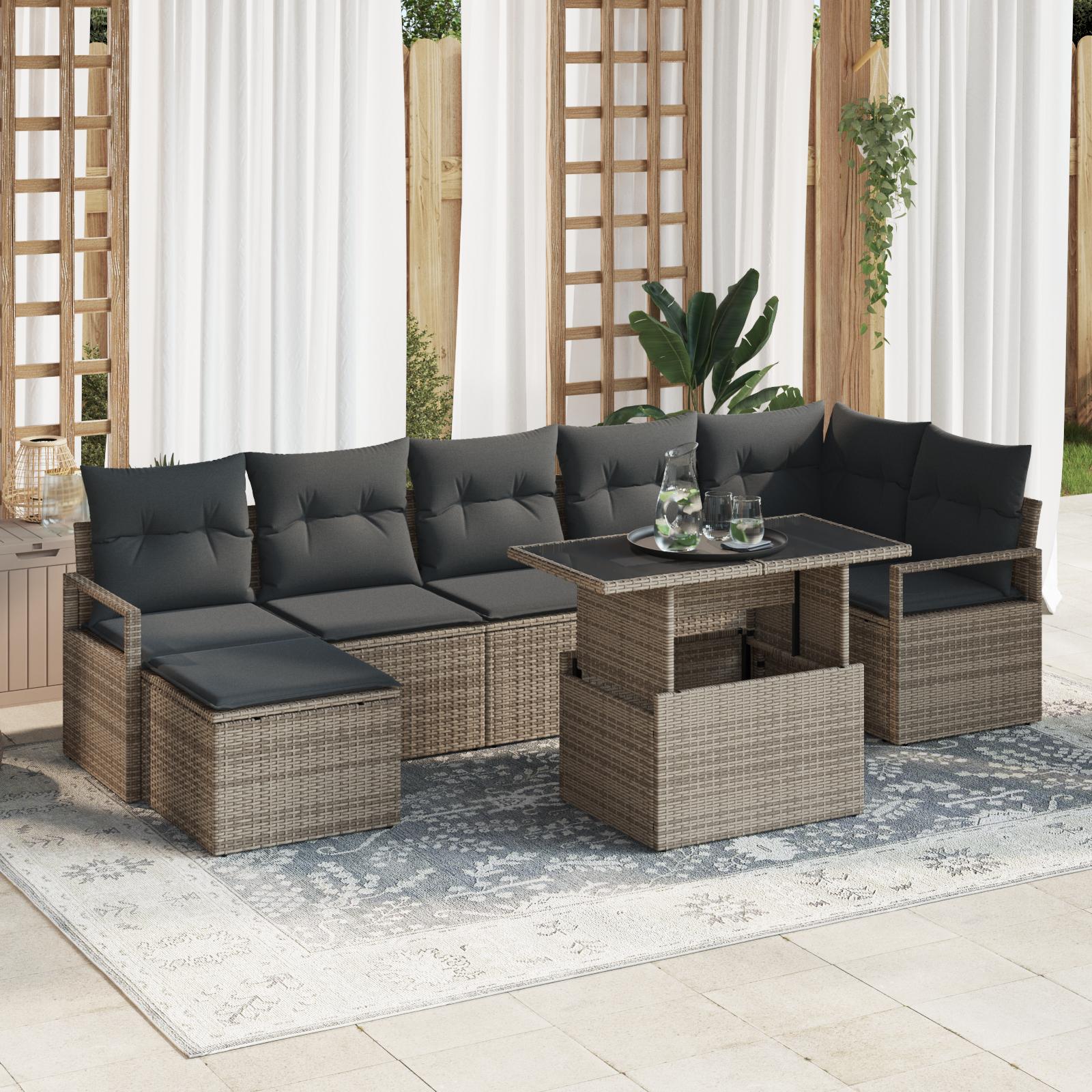 Havesofa Sæt 8 stk Grå Polyrattan og pulverlakeret stål og glas