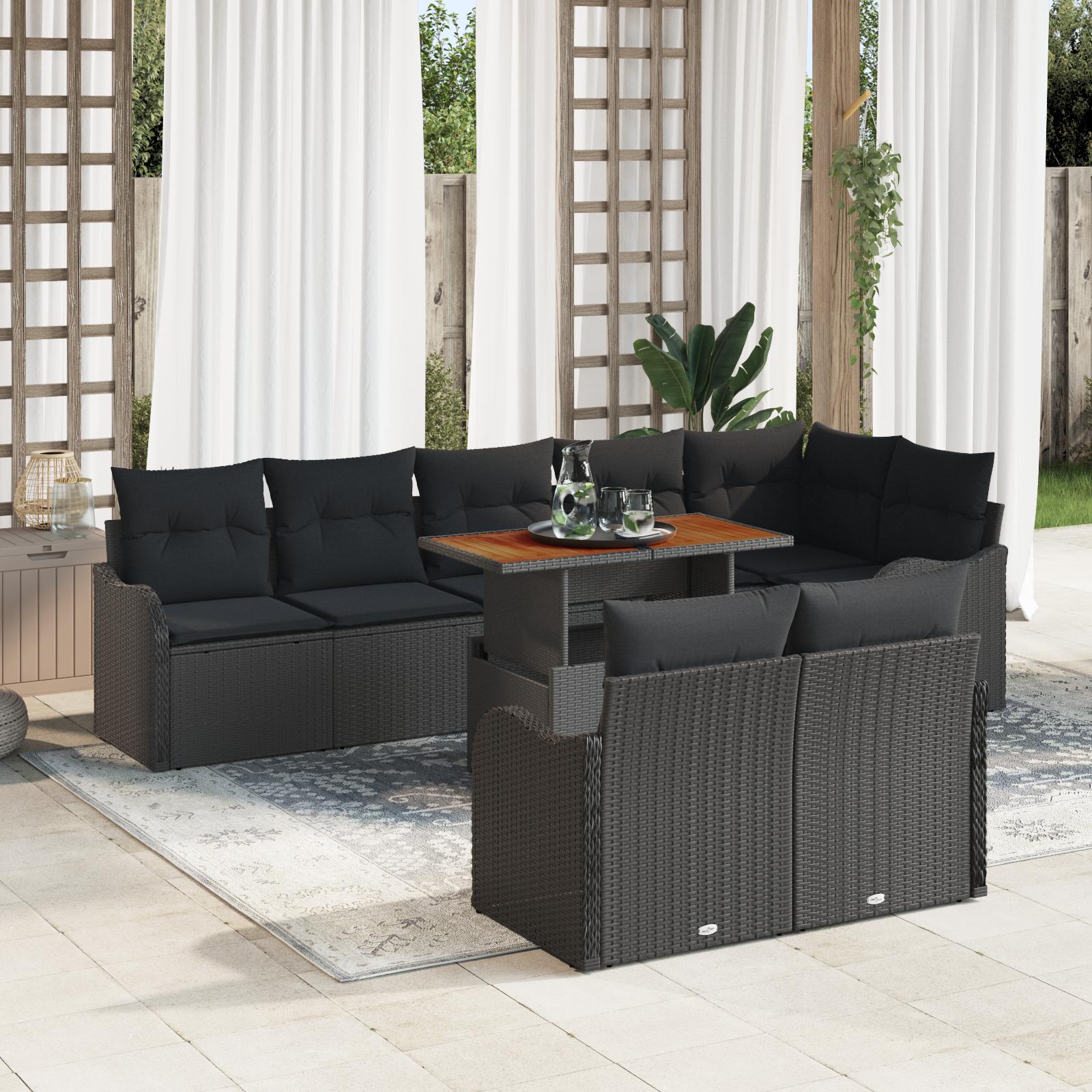 Havesofa Sæt med pude 9 stk Sort 100 x 55 x 73 cm