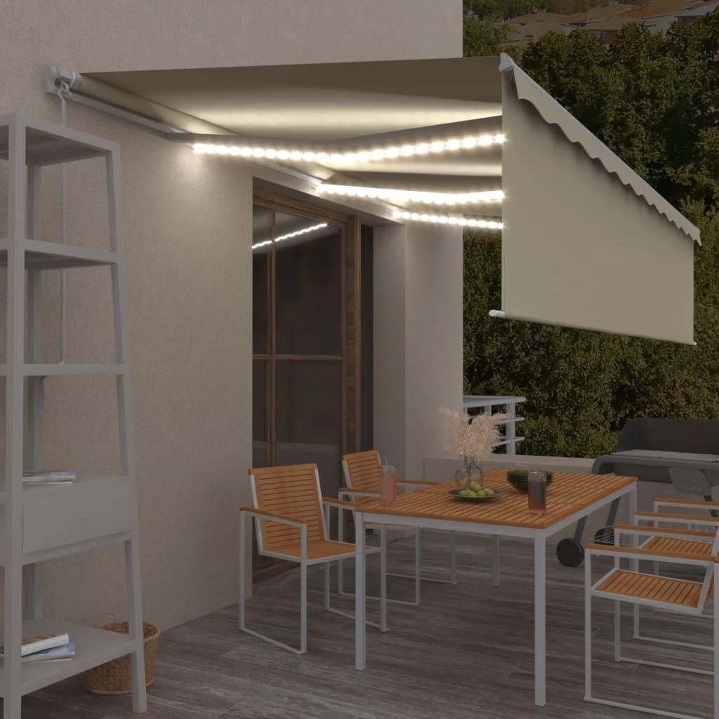 Markise med rullegardin og LED 6 × 3 m - manuel, cremefarvet