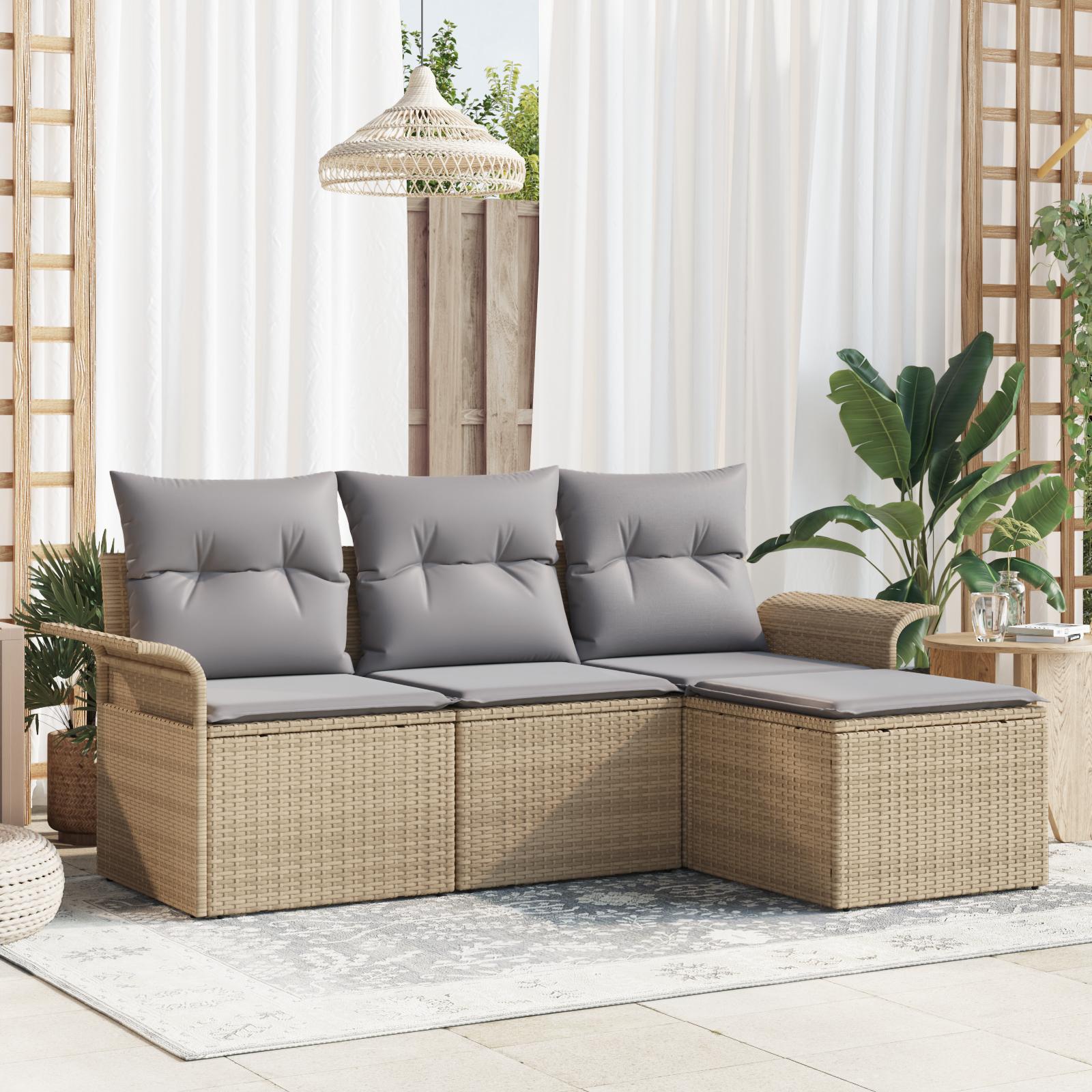 Havesofa Sæt Med Pude Med Opbevaring 4 Dele Poly Rattan - beige og lysegrå