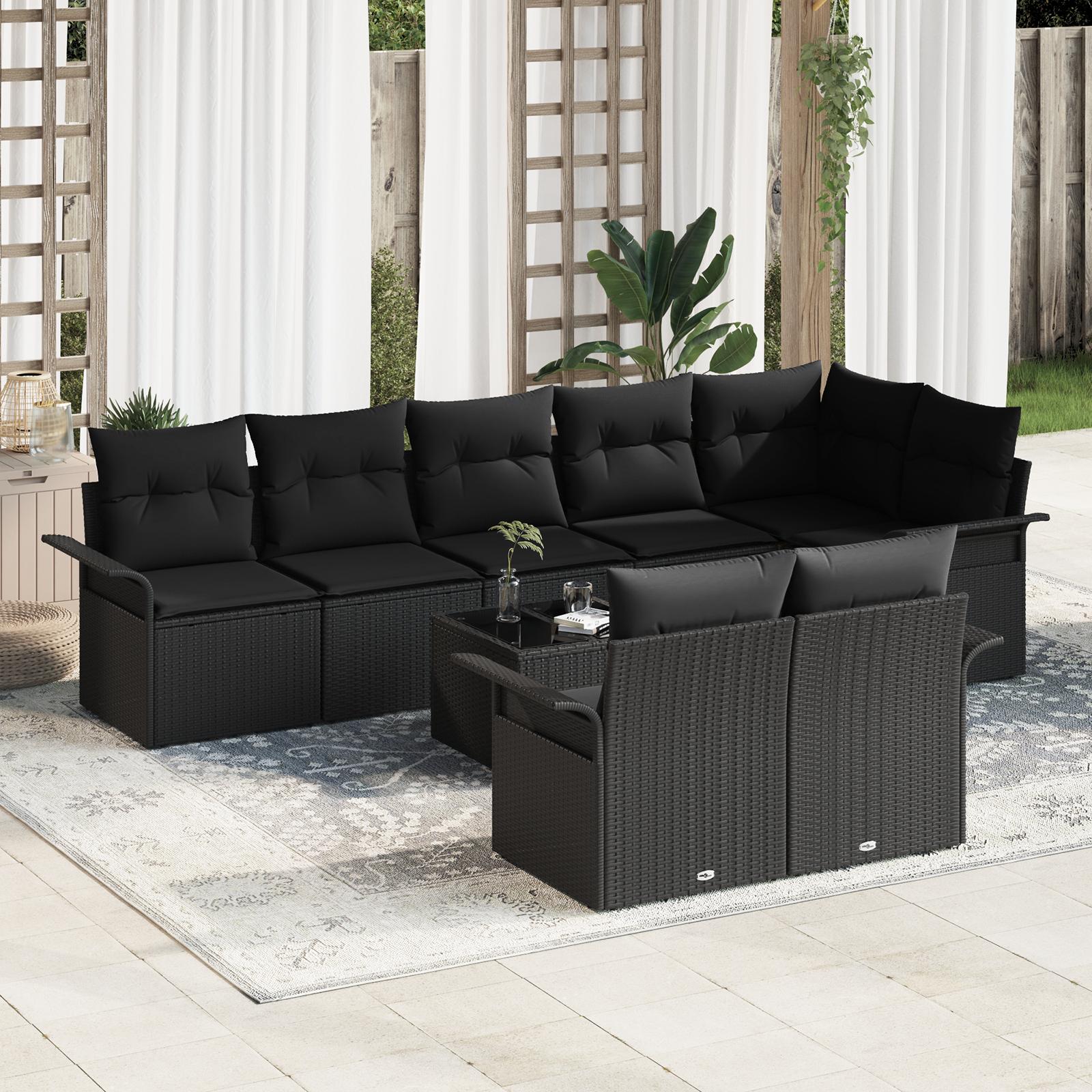 Havesofa Sæt med pude med opbevaring 9 stk Sort Poly rattan