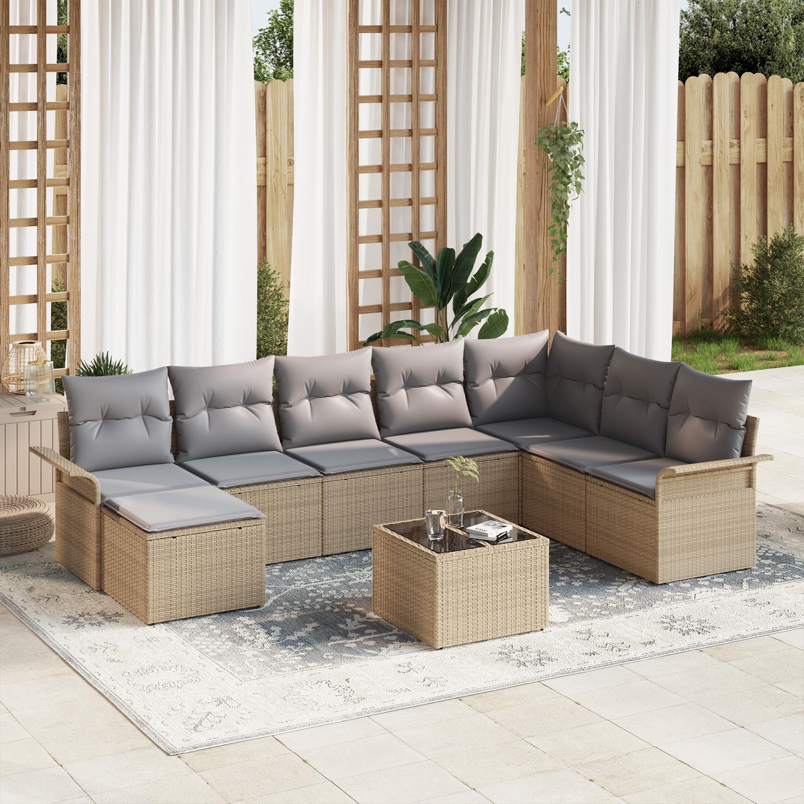 Havesofa Sæt med pude med opbevaring 9 stk Sort Poly rattan