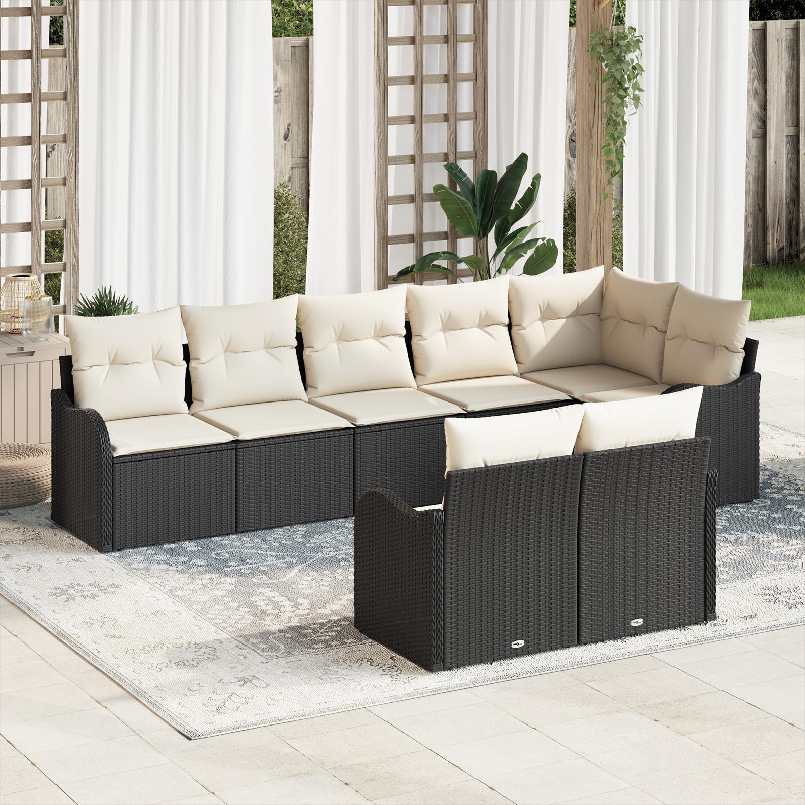 Havesofa Sæt med pude 8 stk Sort og hvid Poly rattan