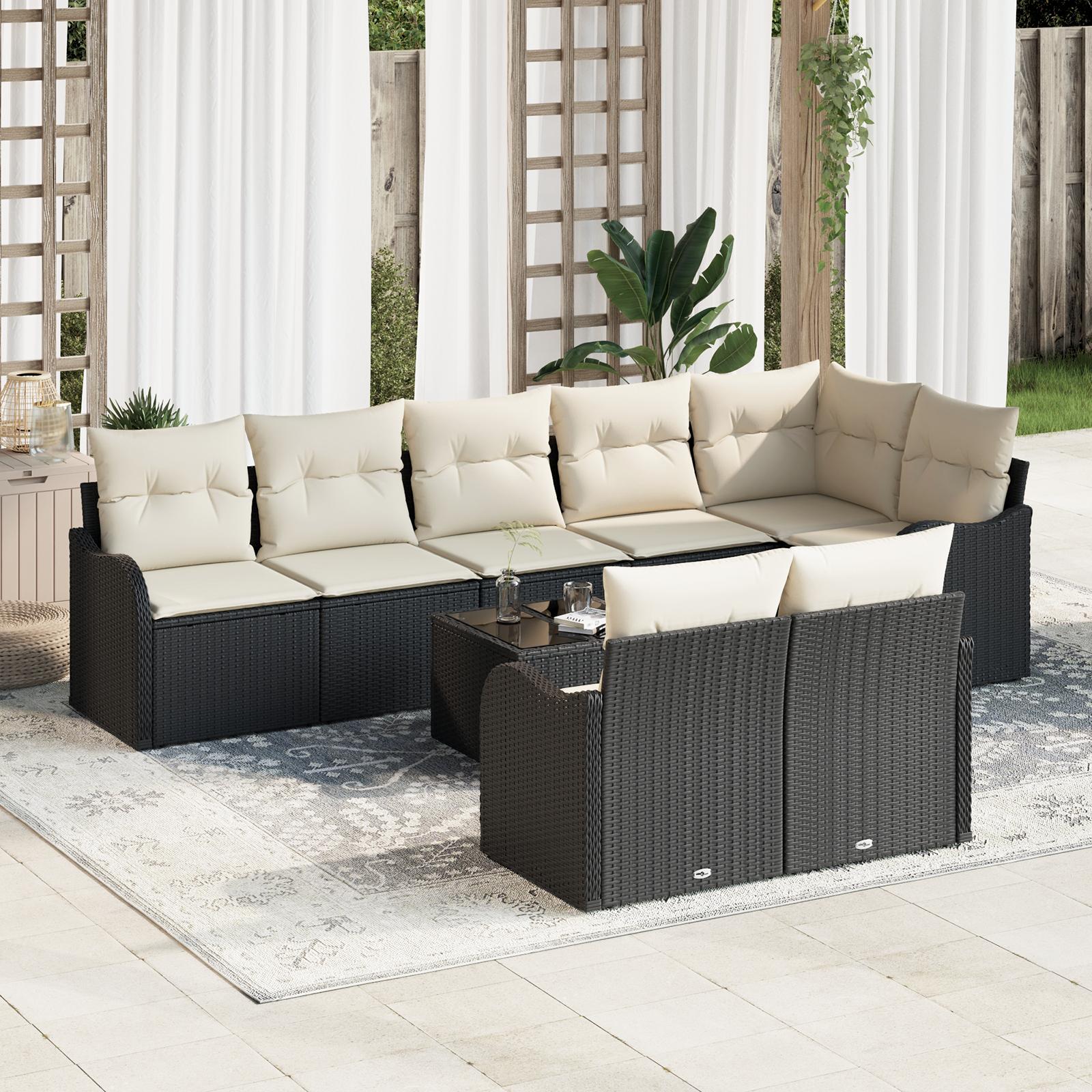 Havesofa Sæt med pude 9 stk Sort og hvid Poly rattan