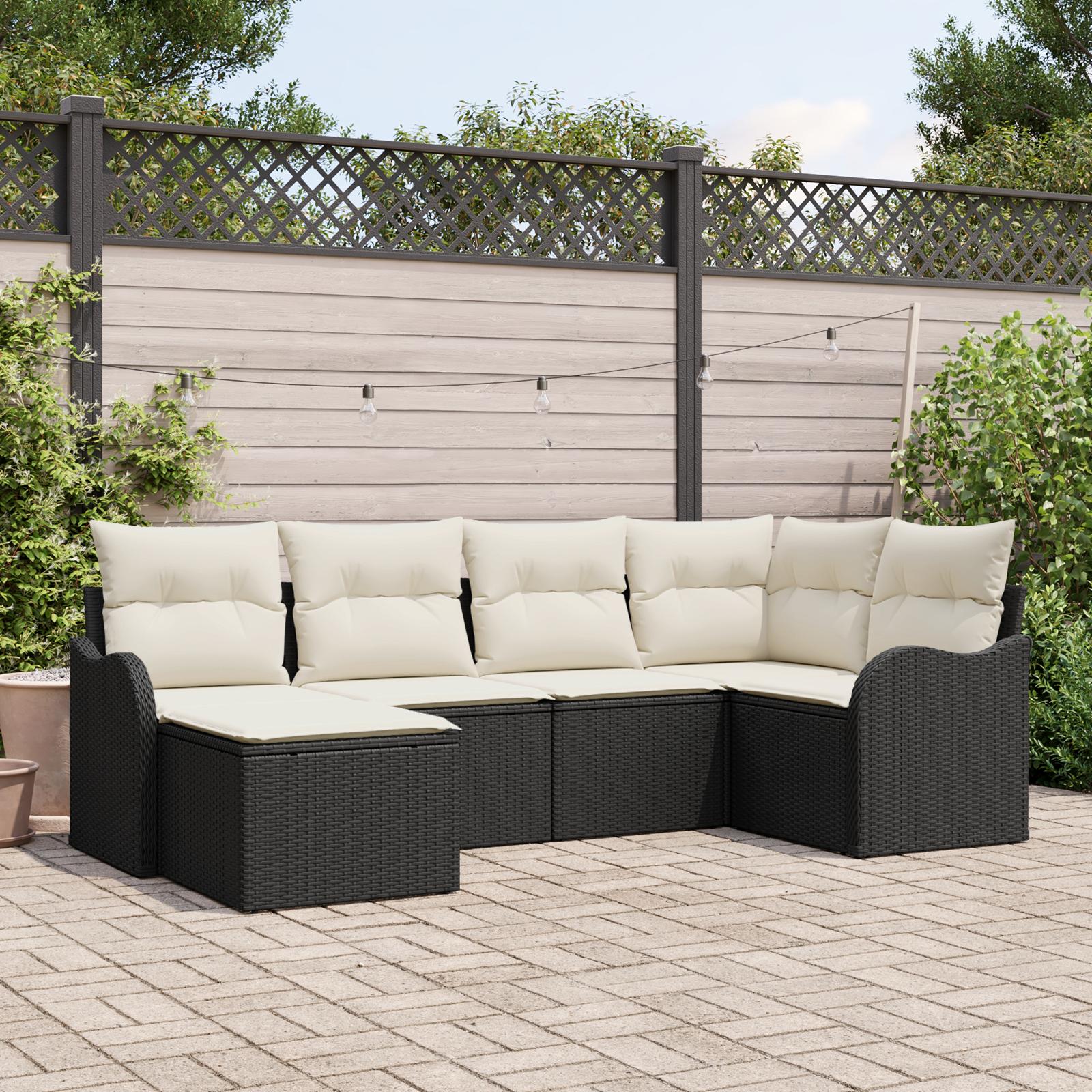 Havesofa Sæt med pude 6 stk Sort og hvid Poly rattan