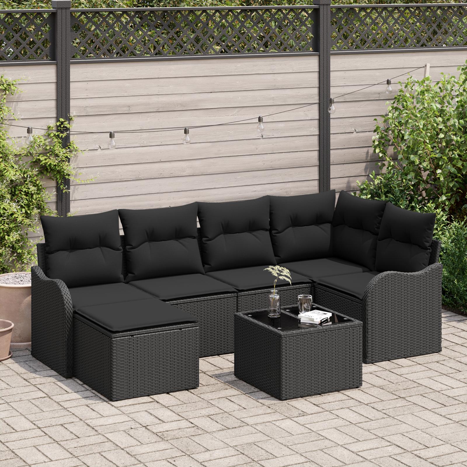 Havesofa SÃ¦t med pude 7 stk Sort Poly rattan