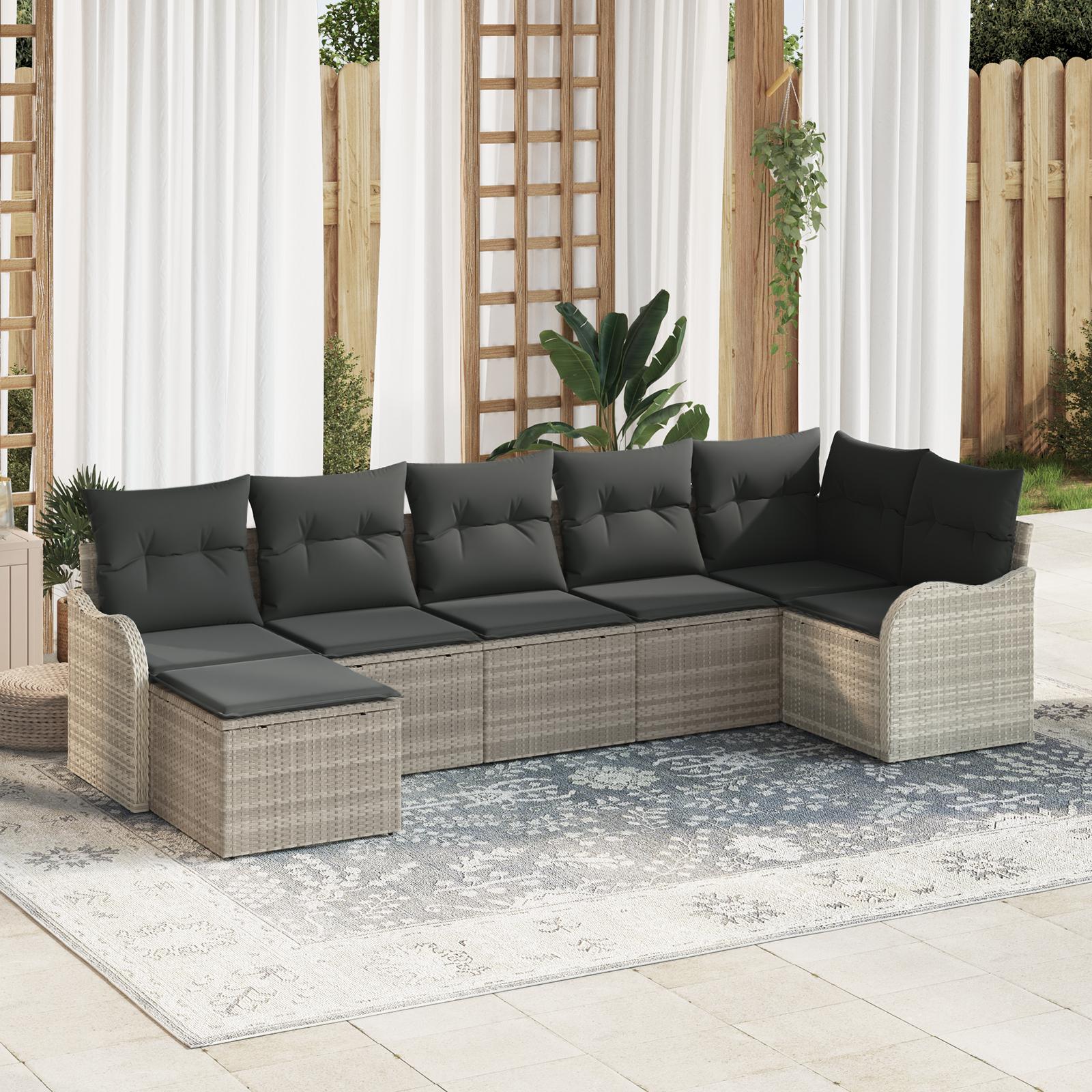 Havesofa sæt med puder, 7 dele - lysegrå polyrattan, modulært loungesæt