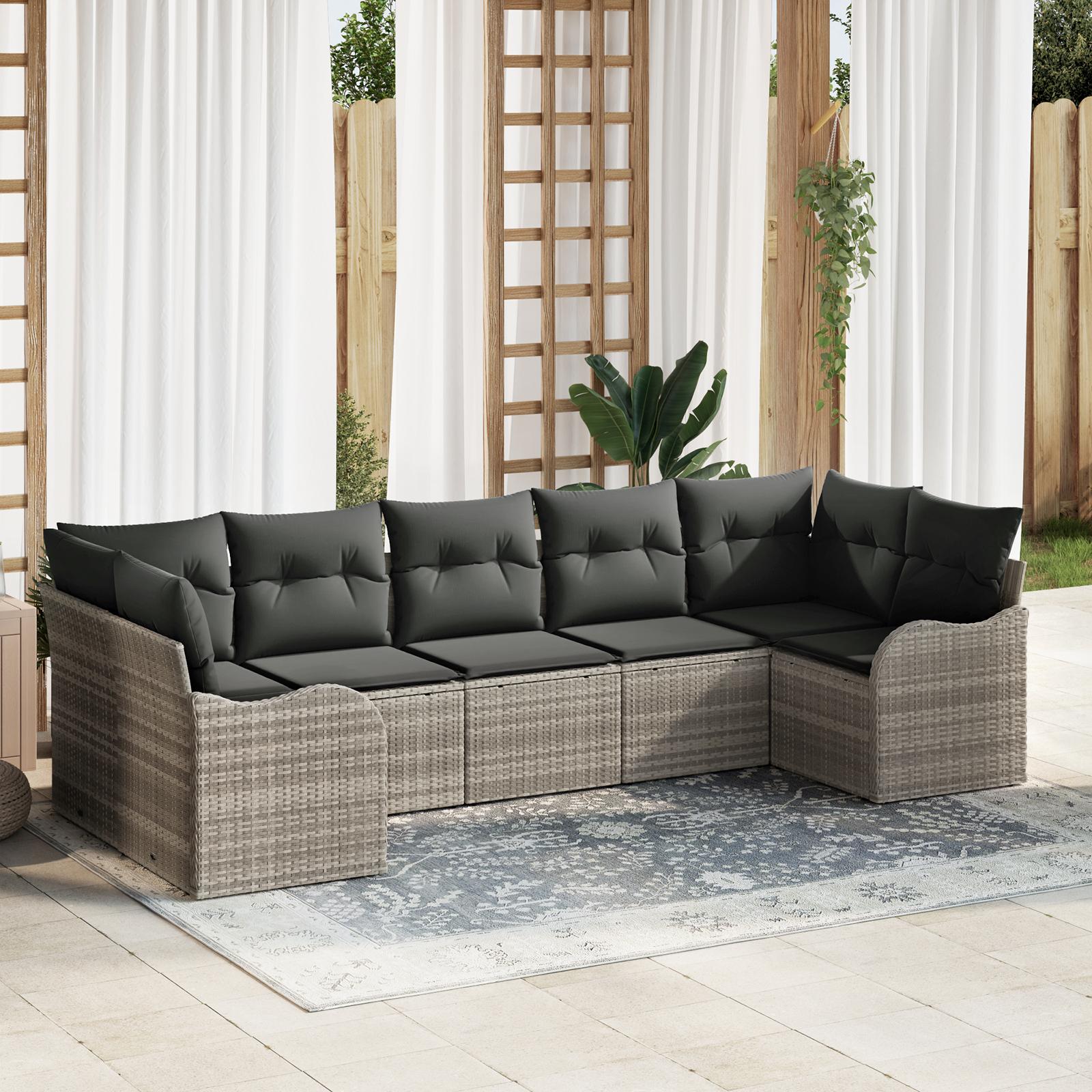 Havesofa sæt med opbevaring - 7 pers., lysegrå polyrattan, modulært