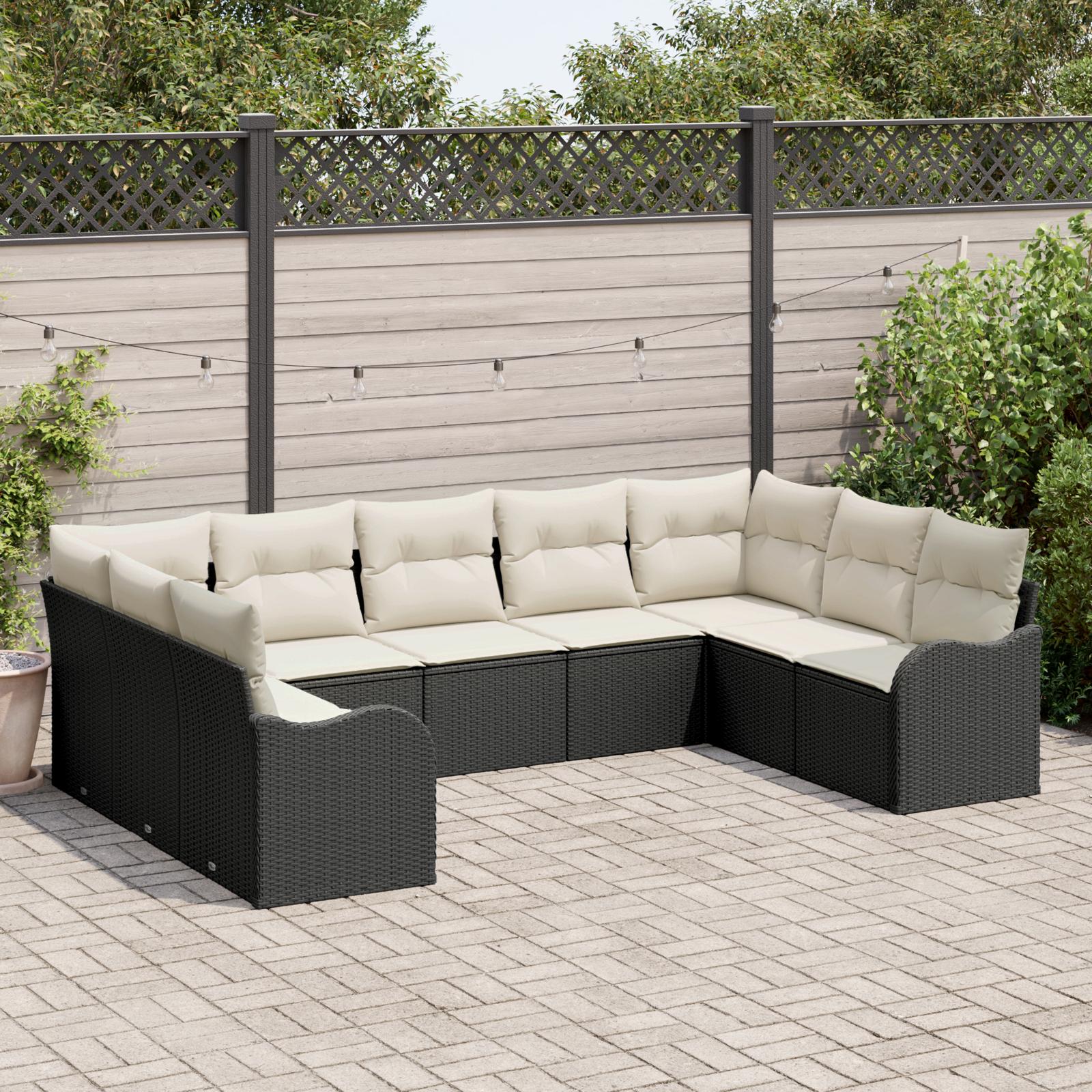 Havesofa Sæt med pude 9 stk Sort og hvid Poly rattan