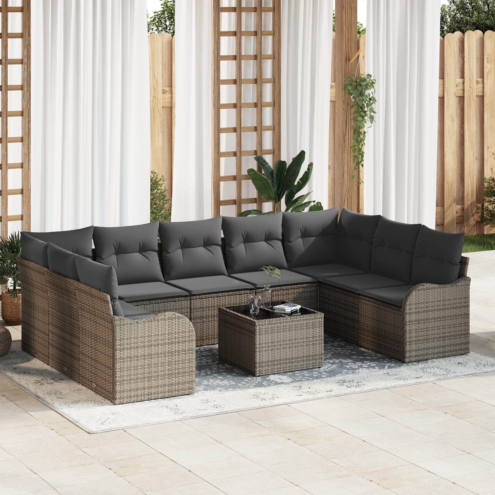 Modulært havesofa-sæt i grå polyrattan - 10 dele med puder