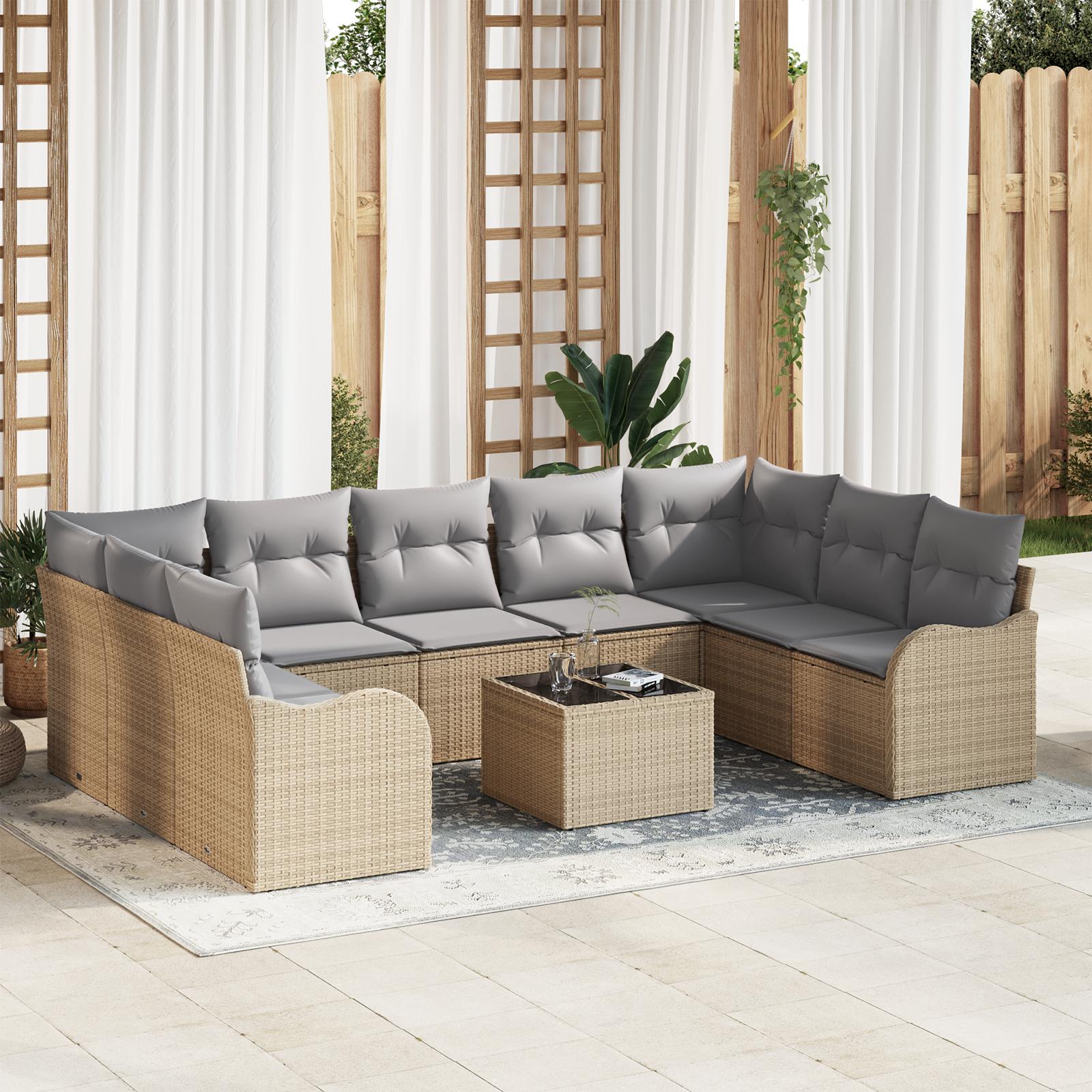 Modulært havesofa sæt med puder - 10 dele, beige/lysegrå poly rattan