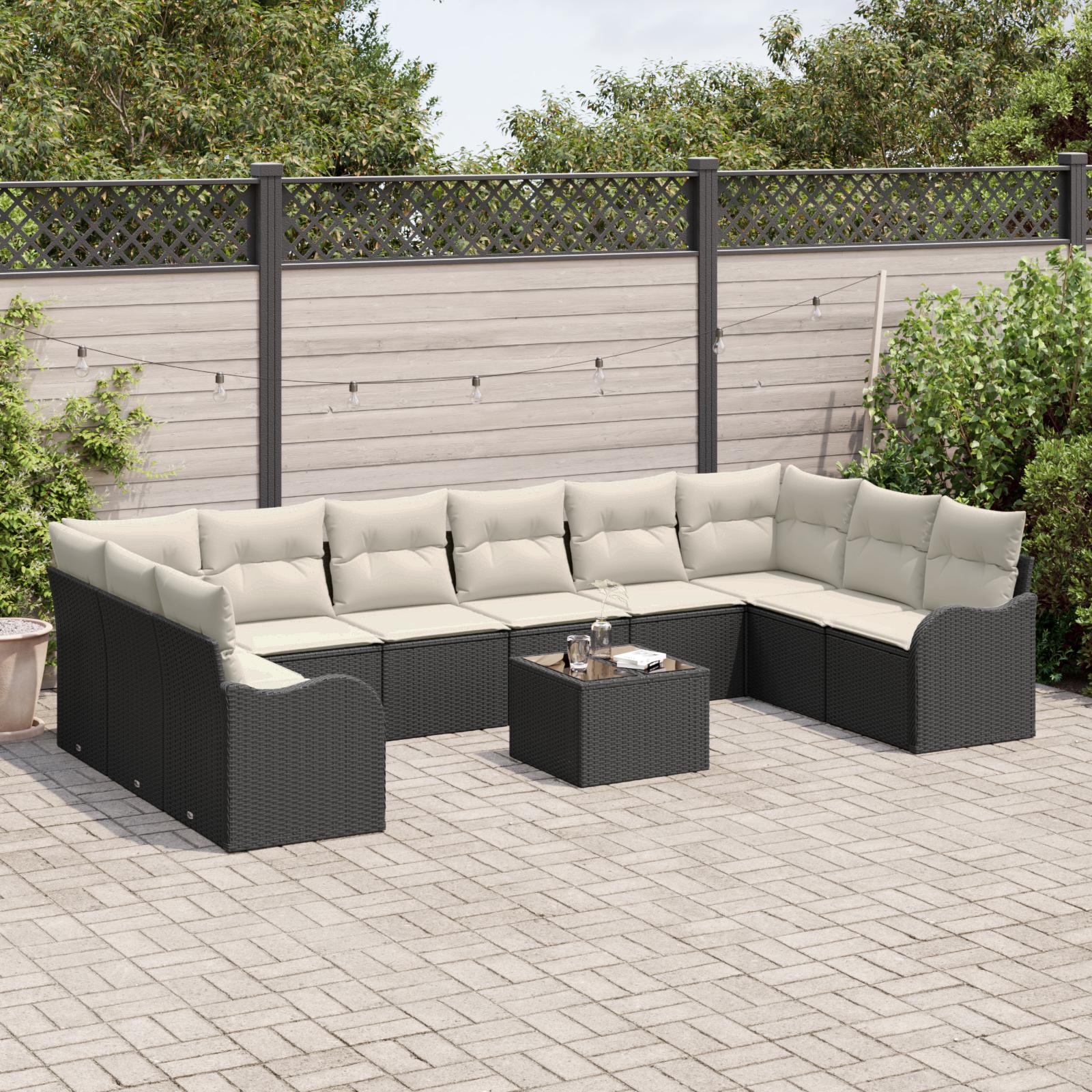 Havesofa SÃ¦t med pude 11 stk Sort og hvid Poly rattan