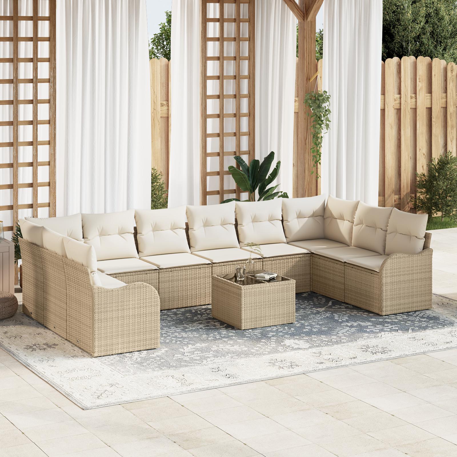 Havesofa Sæt med pude 11 stk Beige og hvid Poly rattan