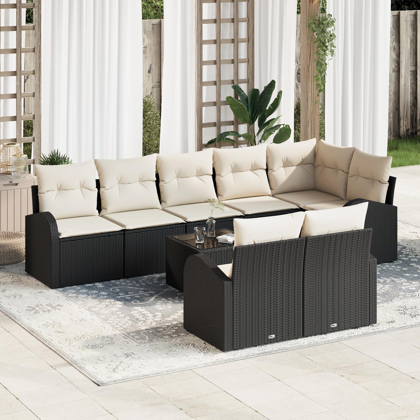 Havesofa Sæt med pude 9 stk Sort og hvid Poly rattan