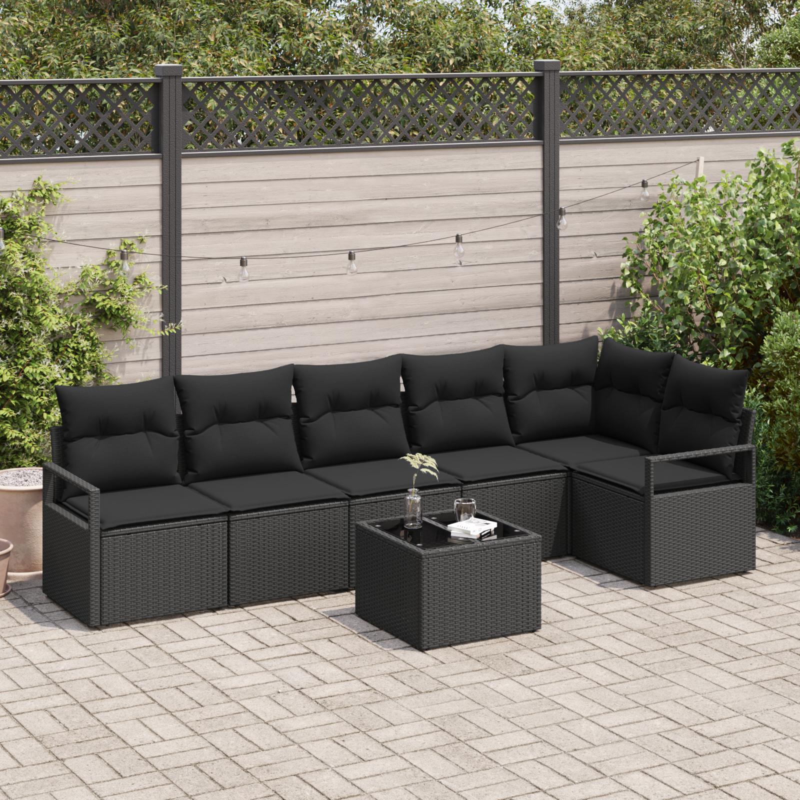 Havesofa Sæt 7 stk Sort Poly Rattan og pulverlakeret stål