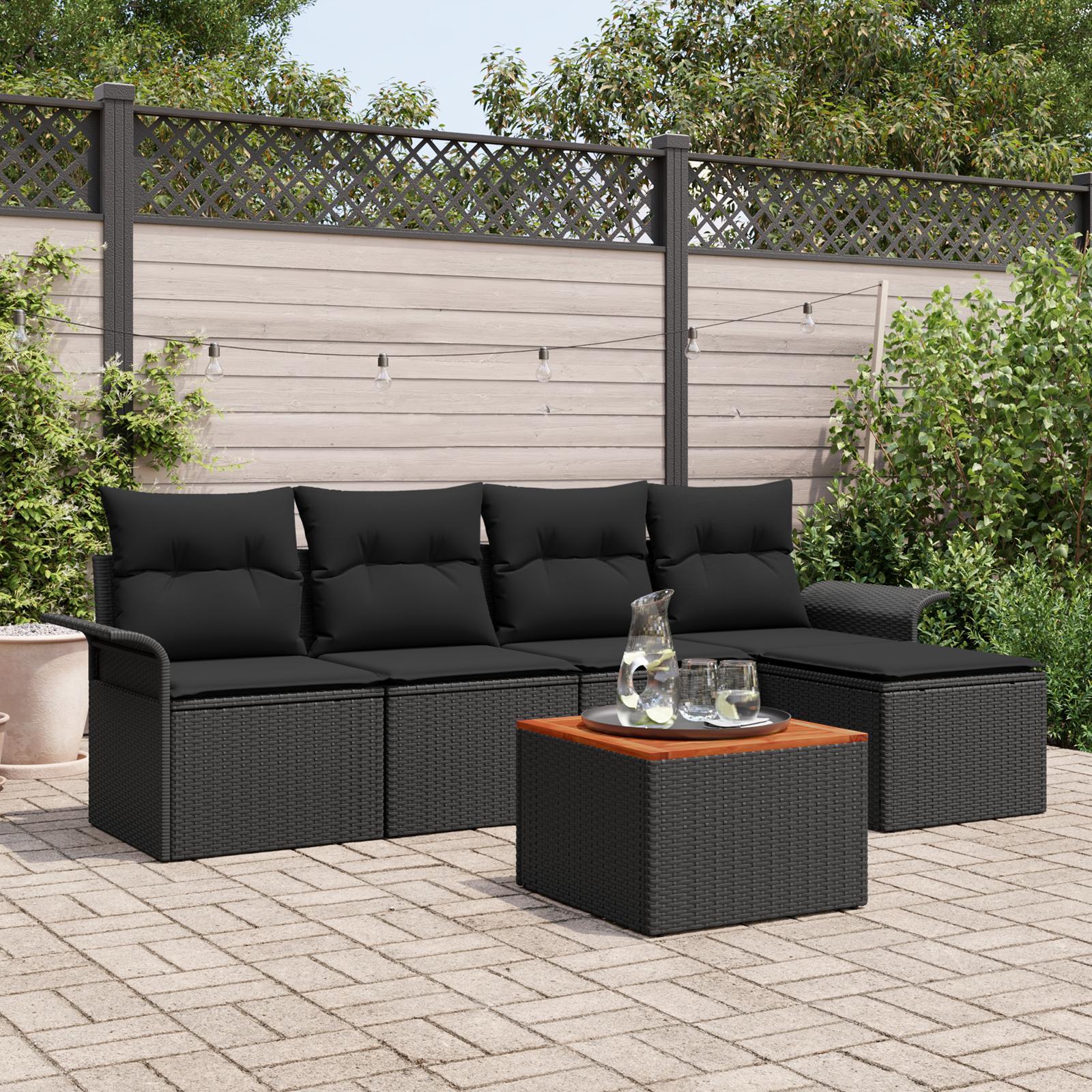 Havesofa SÃ¦t 6 stk Sort Polyrattan, stÃ¥l og massivt akacietrÃ¦