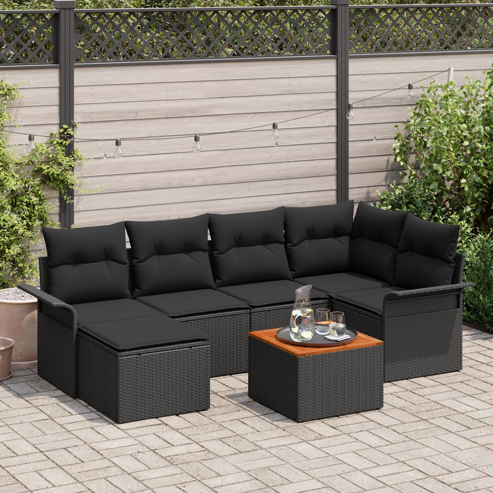 Havesofa SÃ¦t 7 stk Sort Polyrattan, stÃ¥l og massivt akacietrÃ¦
