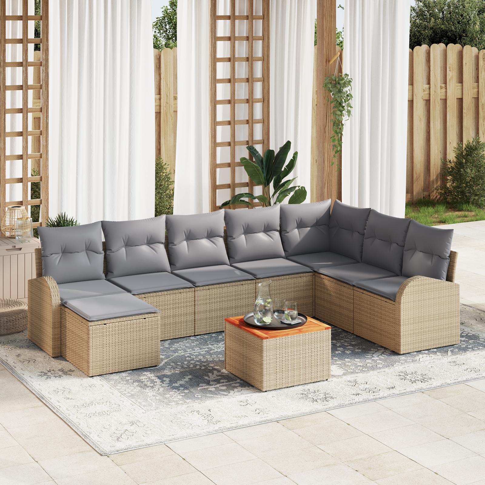 Modulært havesofa-sæt med opbevaring, 9 dele - beige/lys grå polyrattan