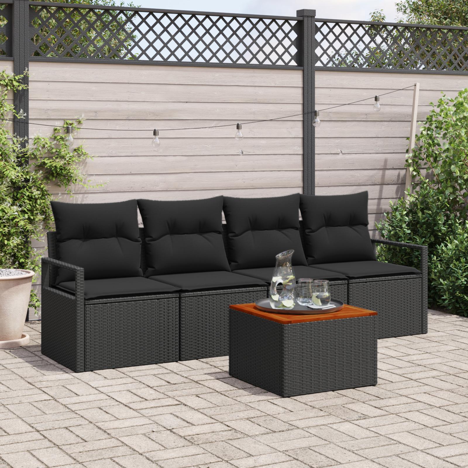 Havesofa-sæt med opbevaring - 5 dele i sort polyrattan