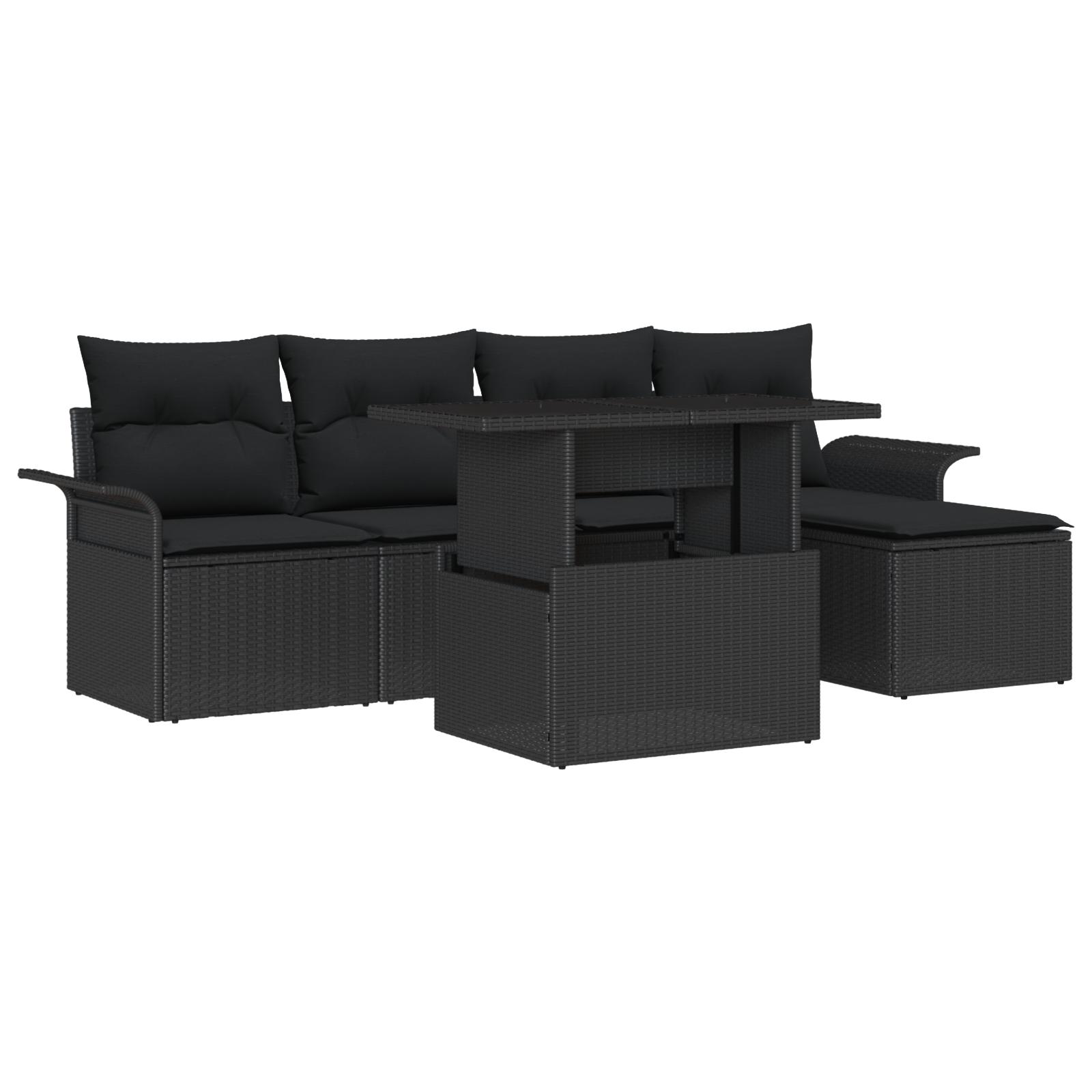 Havesofa SÃ¦t med pude med opbevaring 6 stk Sort Poly rattan