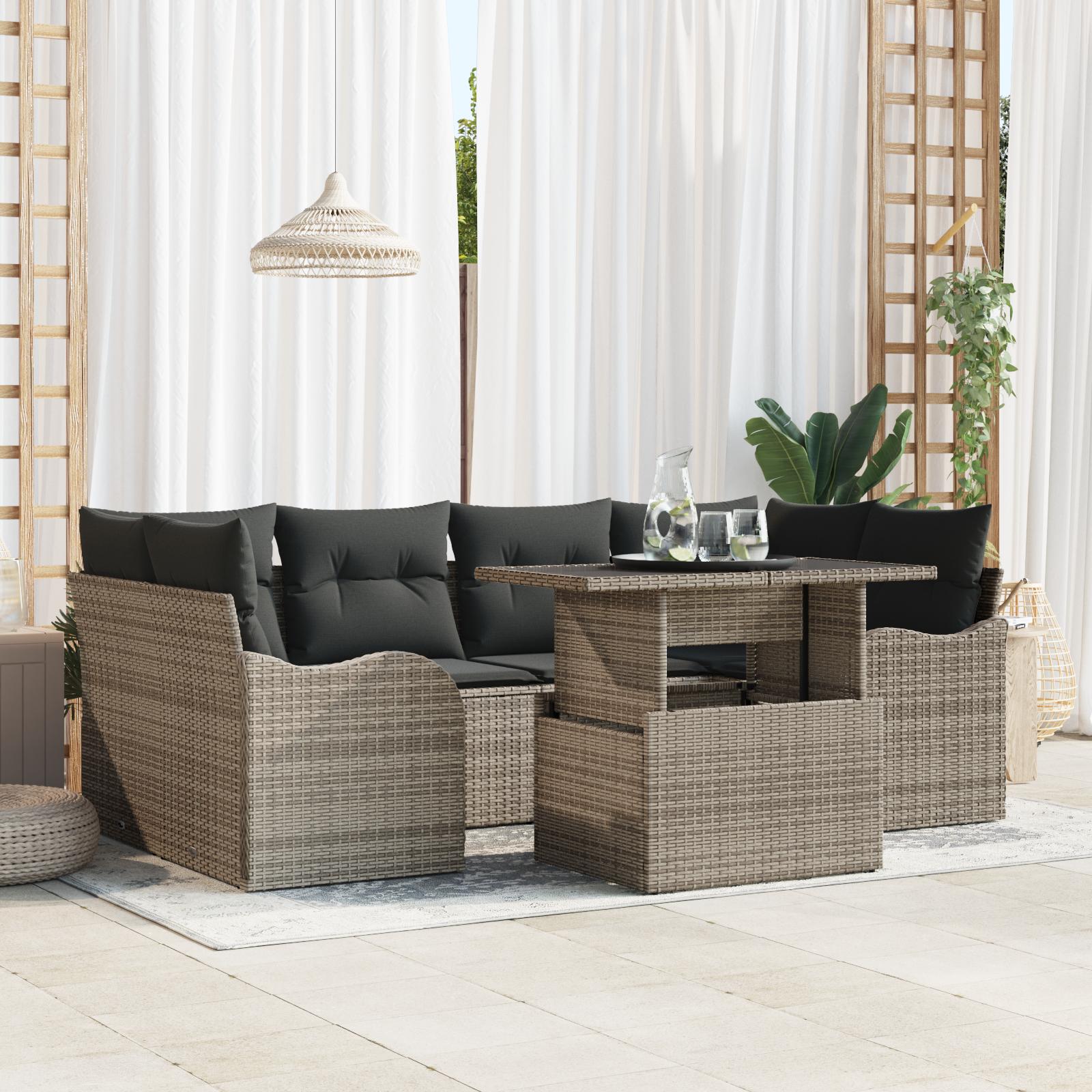Havesofa Sæt med pude med opbevaring 7 stk Grå Poly rattan