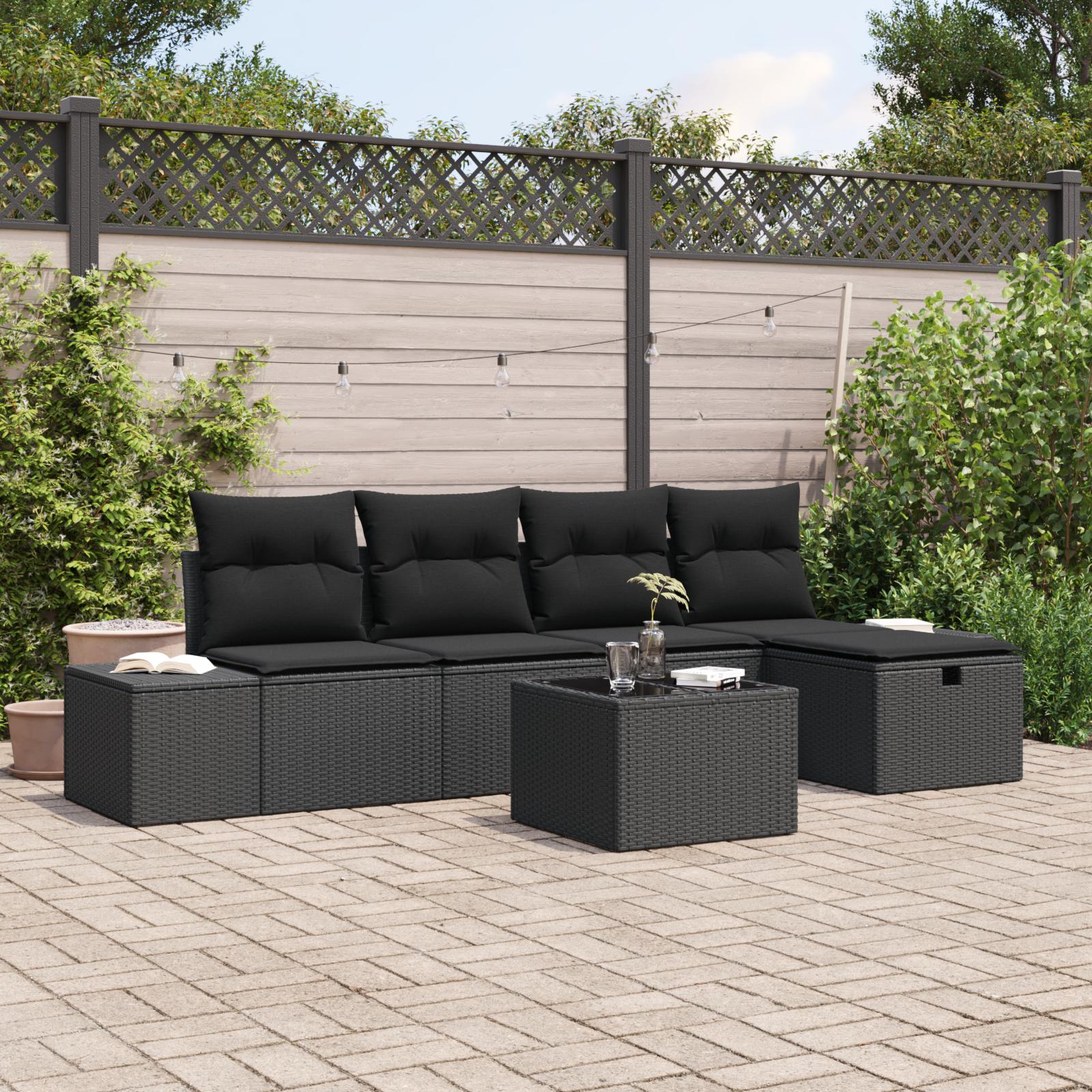 Havesofa SÃ¦t med pude 6 stk Sort Poly rattan