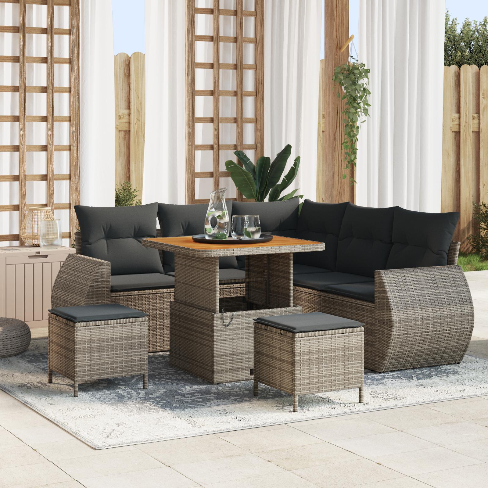 Havesofa sæt i grå polyrattan - 8 dele, modulært lounge- og spisesæt