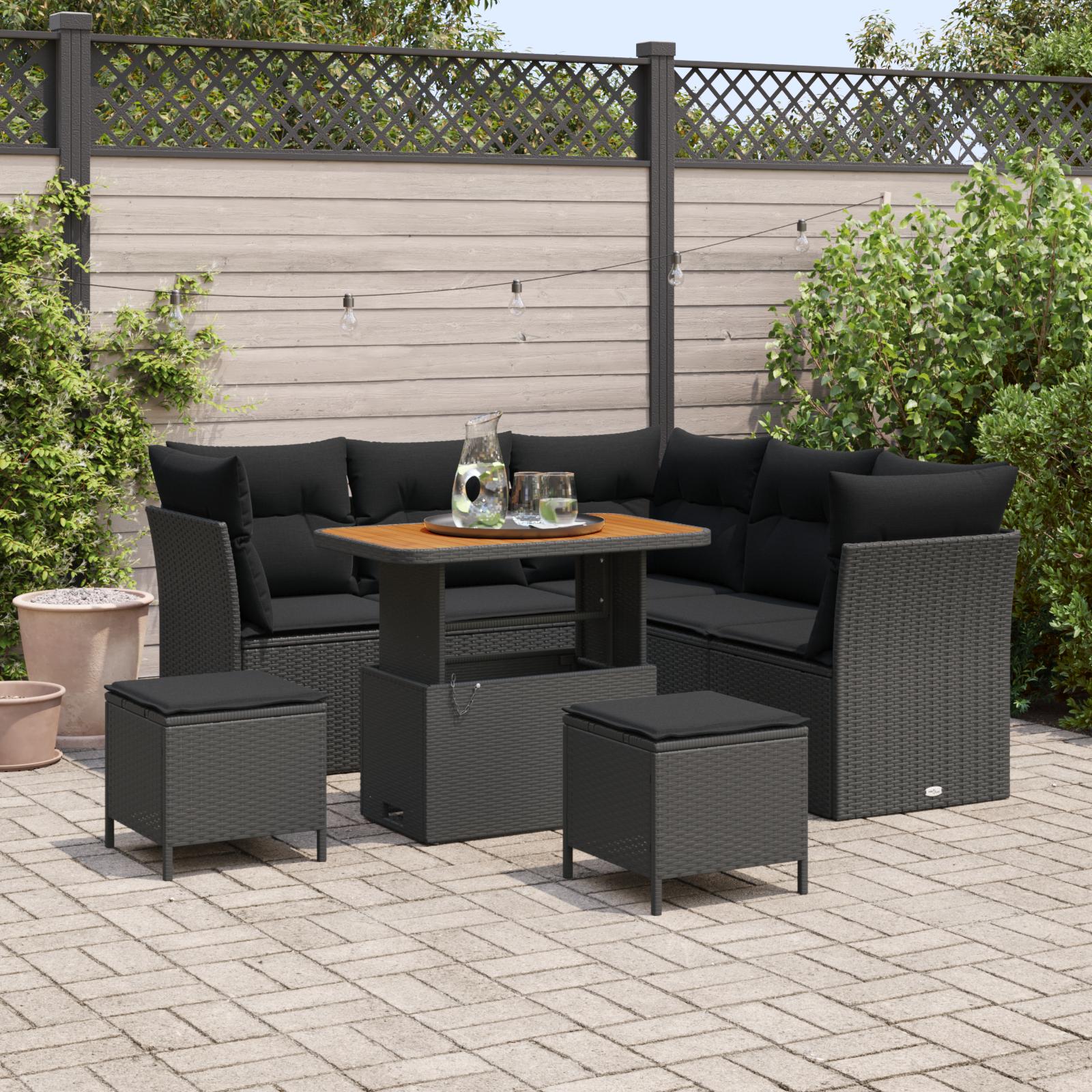 Havesofa Sæt med pude med opbevaring 8 stk Sort 90 x 55 x 71 cm
