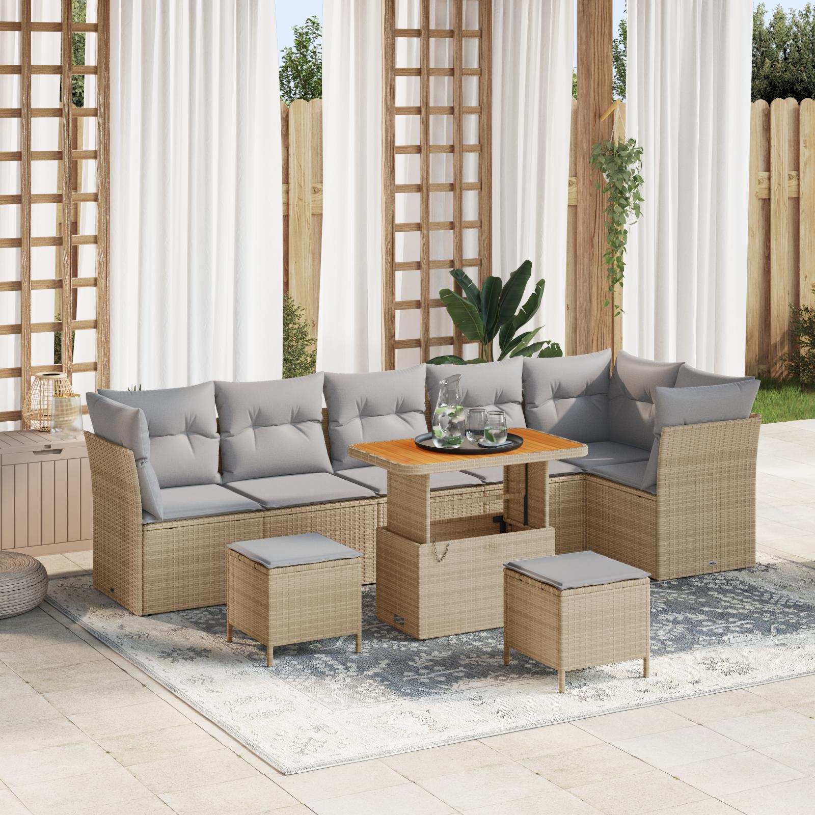 Havesofa Sæt med pude 9 stk beige og lysegrå 90 x 55 x 71 cm