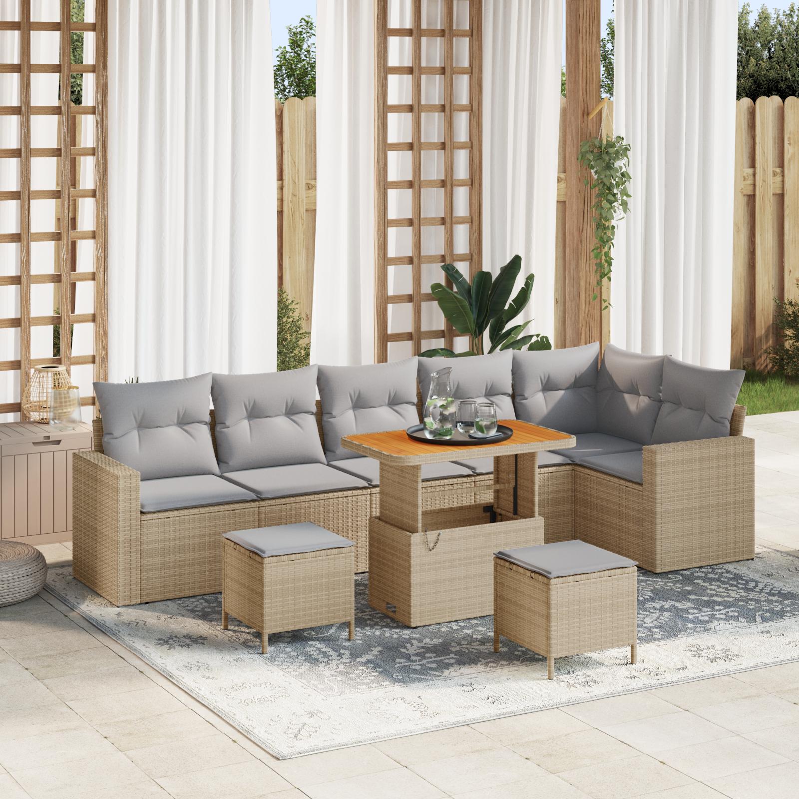 Havesofa Sæt med pude 9 stk beige og lysegrå 90 x 55 x 71 cm