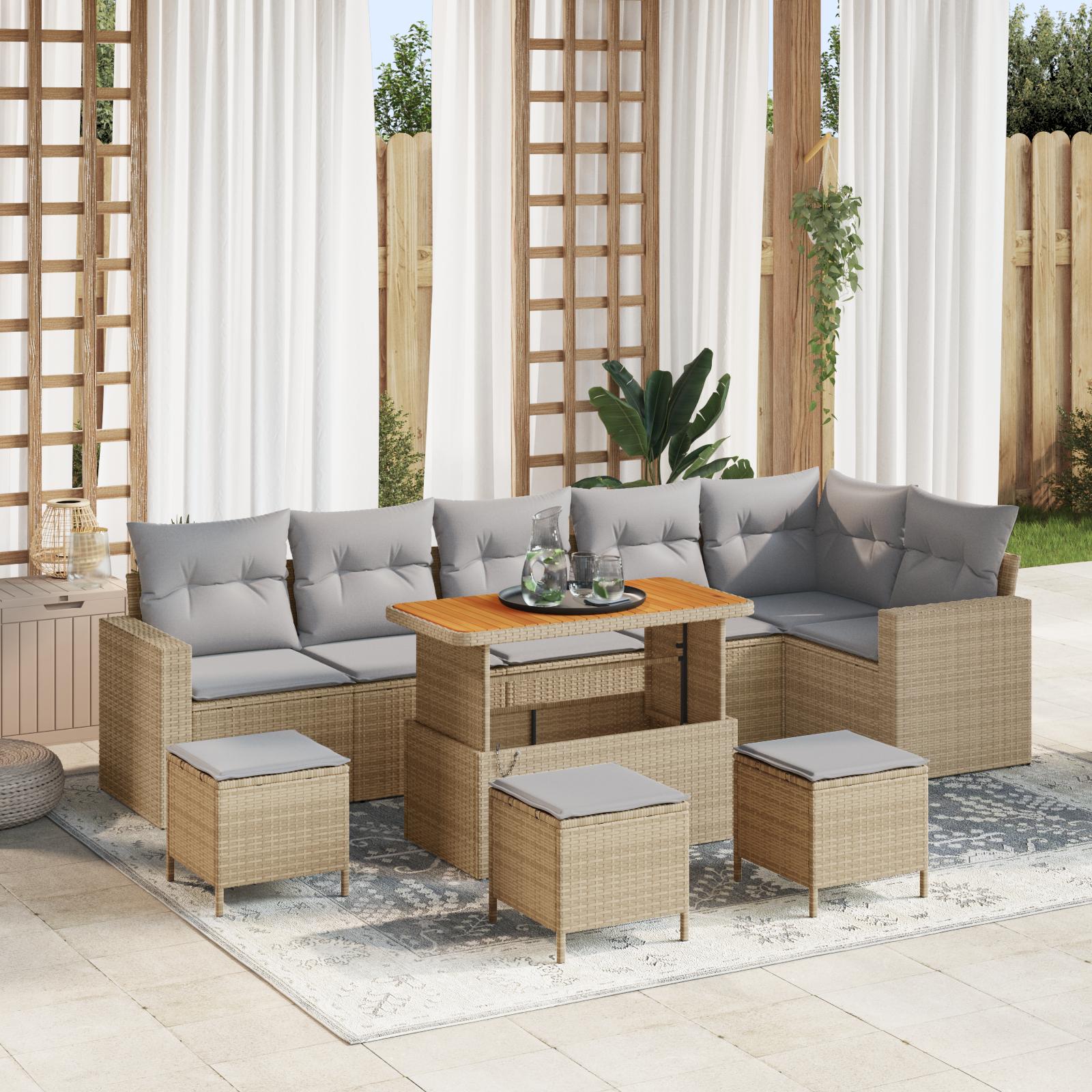 10 Dels Have Sofa Sæt Med Puder Beige Poly Rattan Akacietræ 4 Dels Have Spisesæt Med Puder Beige Poly Rattan Akacietræ