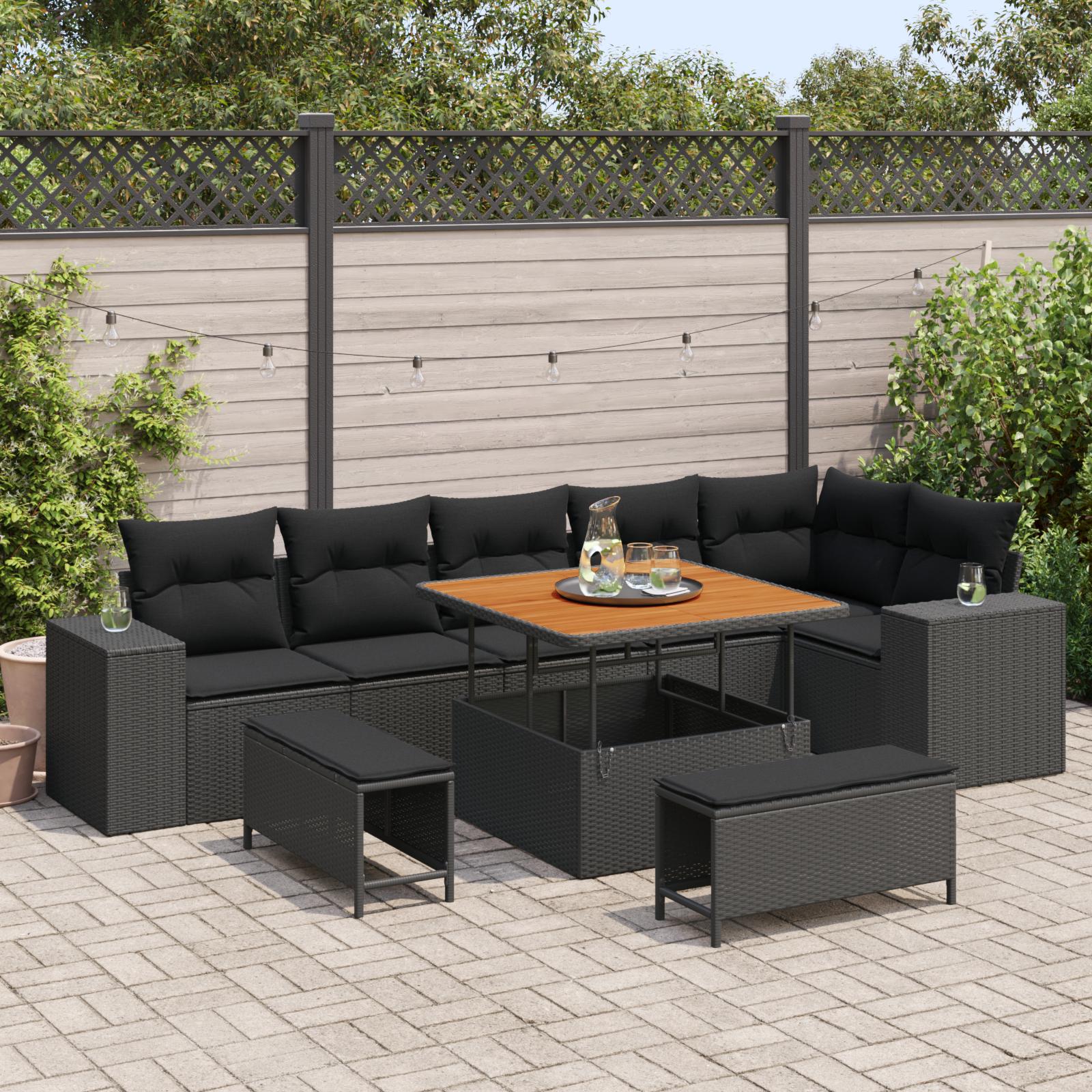 Havesofa Sæt med pude med pude 9 stk Sort 100 x 100 x 71 cm