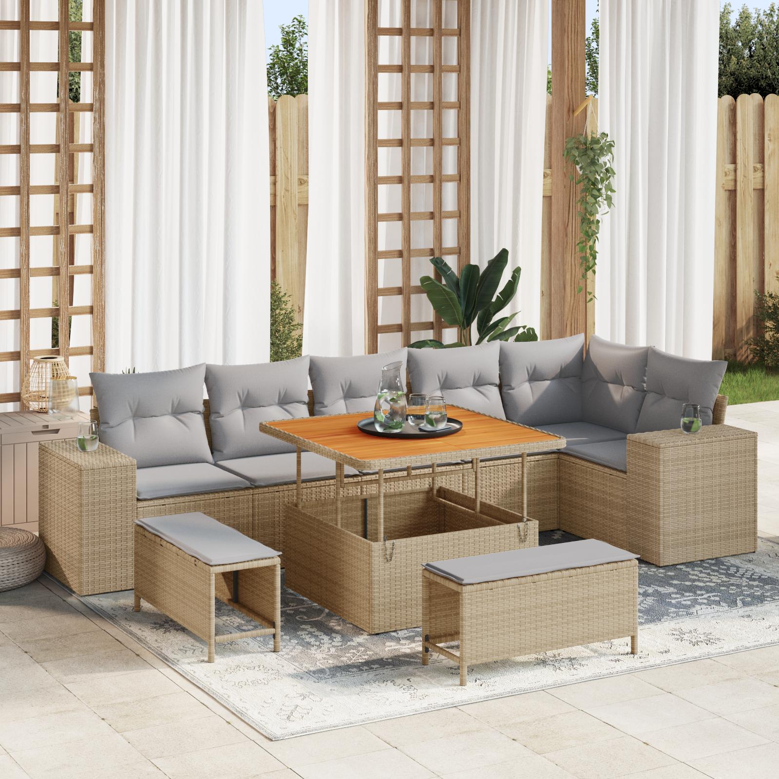 Havesofa Sæt med pude 9 stk Beige og lys grå 100 x 100 x 71 cm