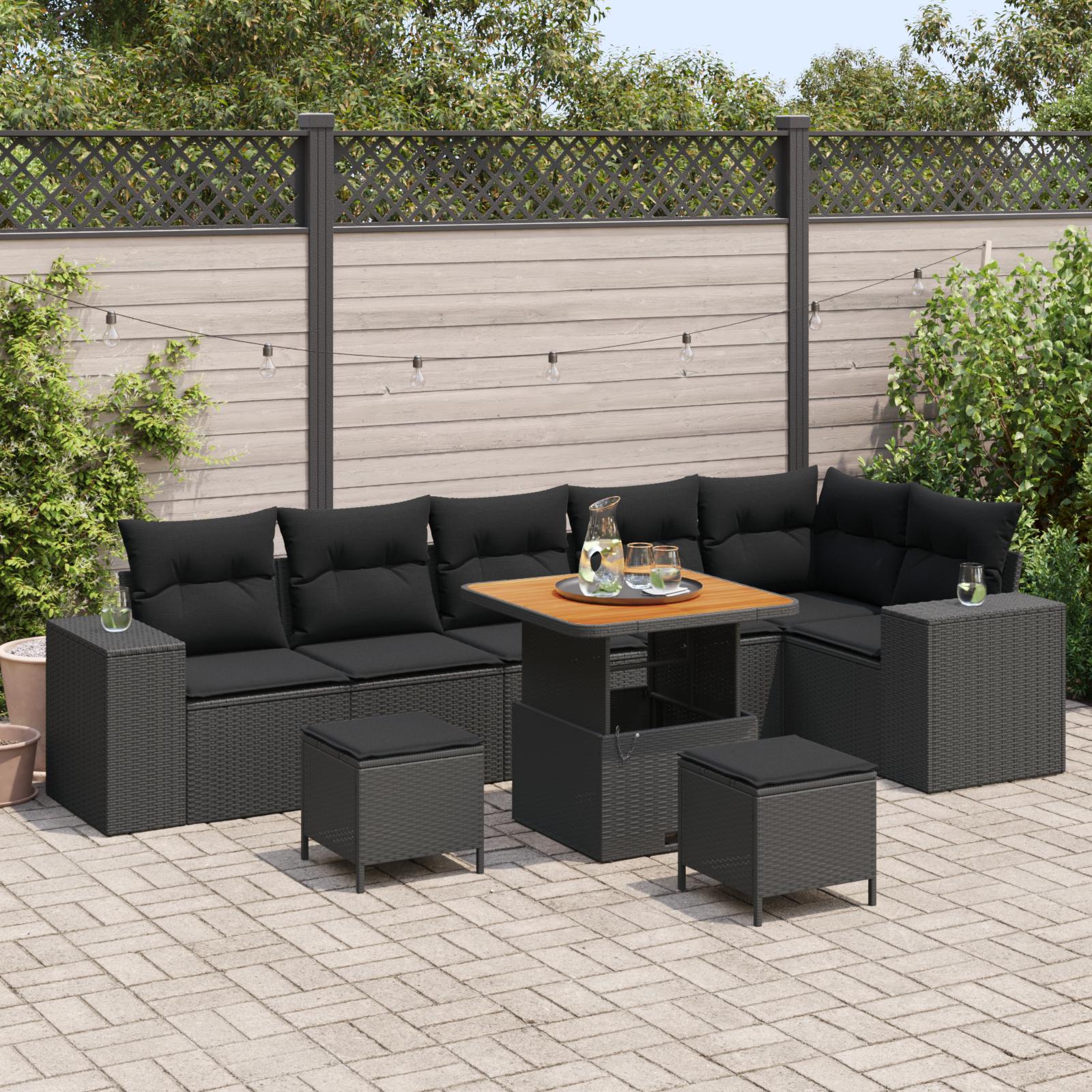 Havesofa Sæt med pude med pude 9 stk Sort 100 x 100 x 71 cm