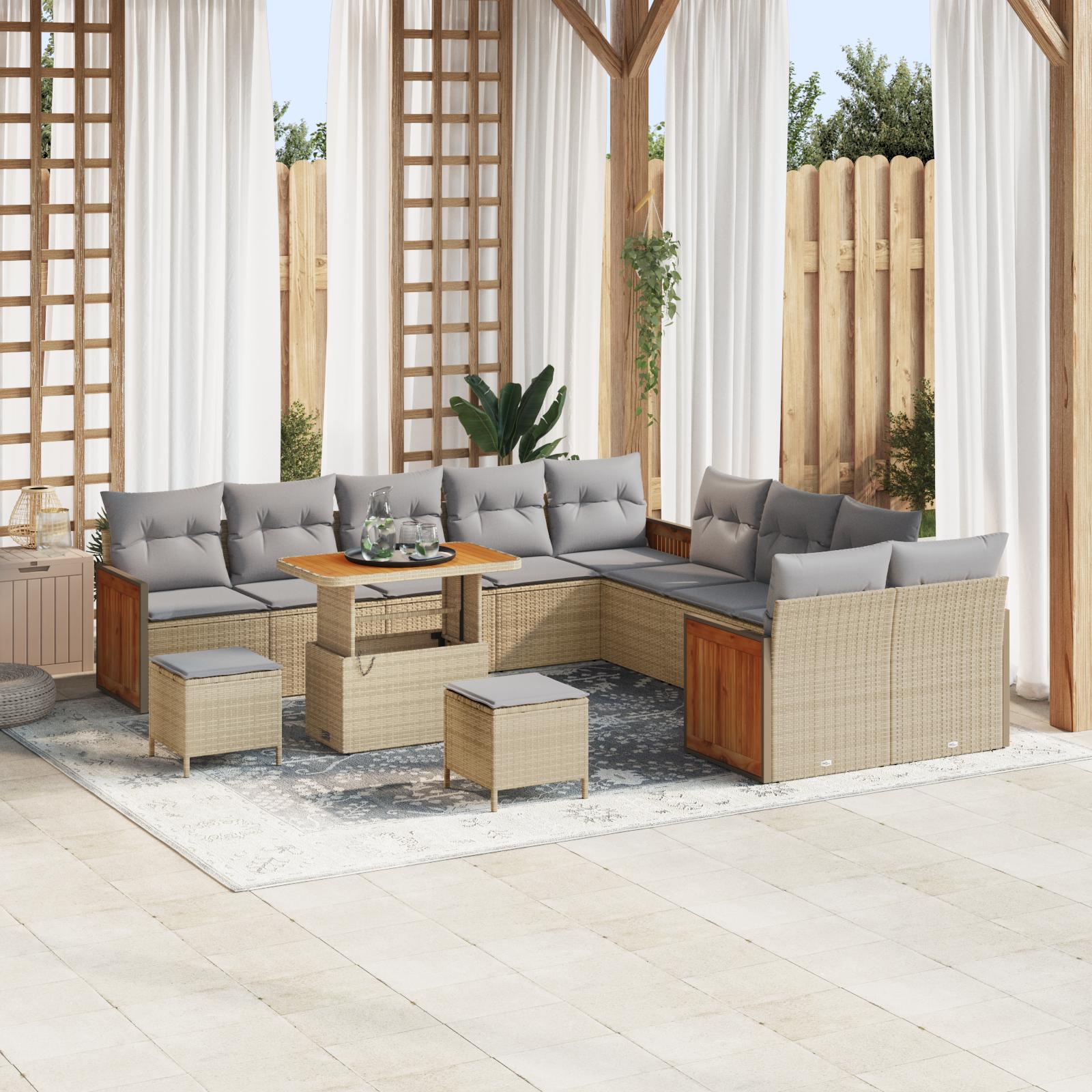 Modulær havesofa sæt med puder - 17 dele, beige/lysegrå polyrattan