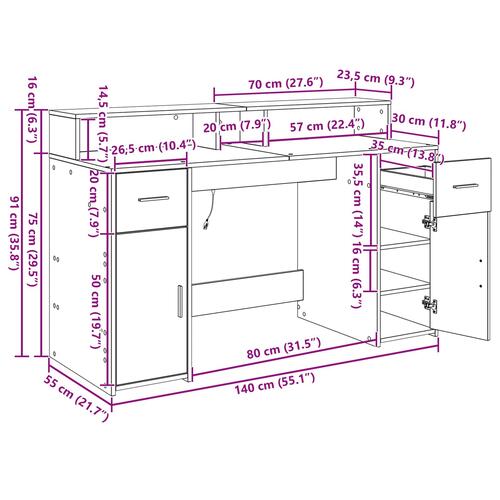 Skrivebord Sort Egetræ 140x55x91 cm Konstrueret Træ