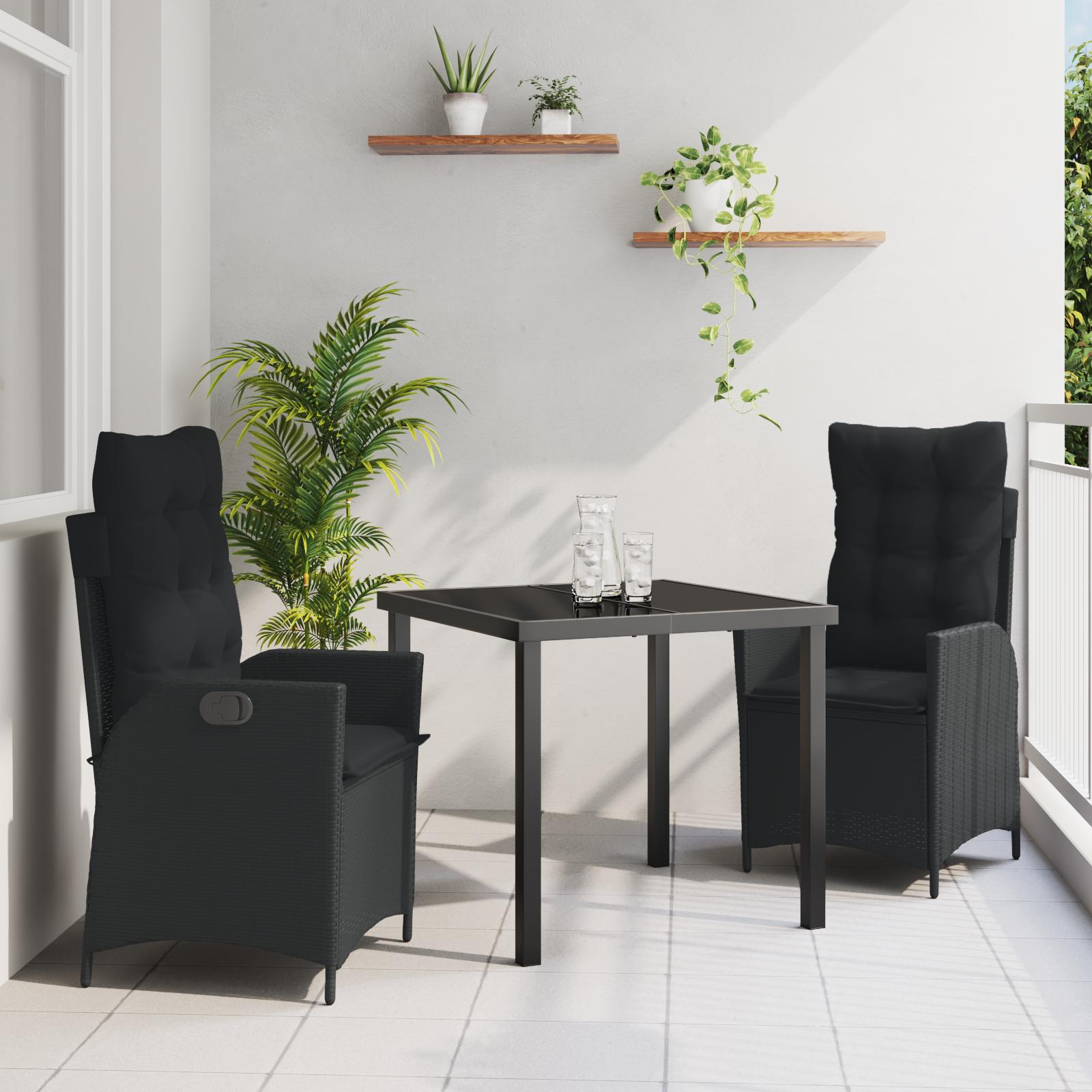 Have spisebordssæt i sort polyrattan med puder - 3 dele