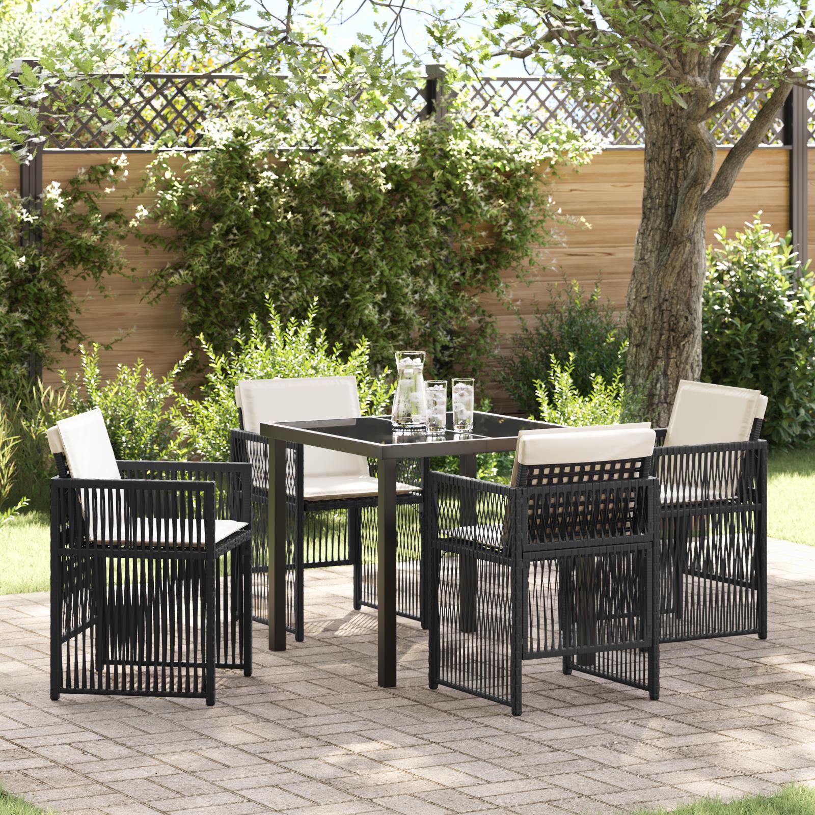 5 Dele Have Spisebord Sæt Med Puder Sort Poly Rattan Have Bord Sort 80x80x73 Cm Tempereret Glas