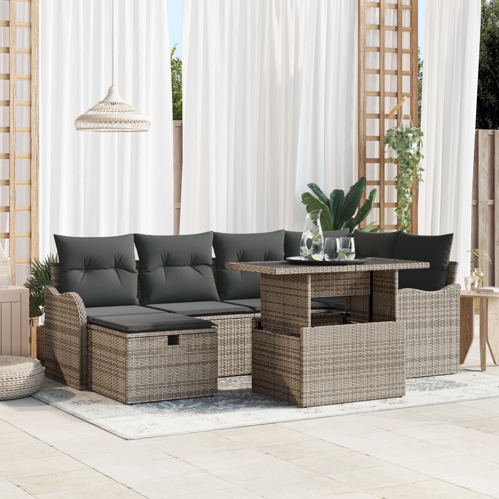 Havesofa-sæt i grå polyrattan med puder og opbevaring - 7 dele