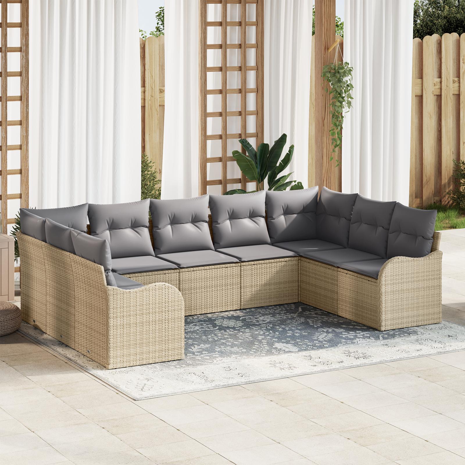 Havesofa Sæt med pude 9 stk beige og lysegrå Poly rattan