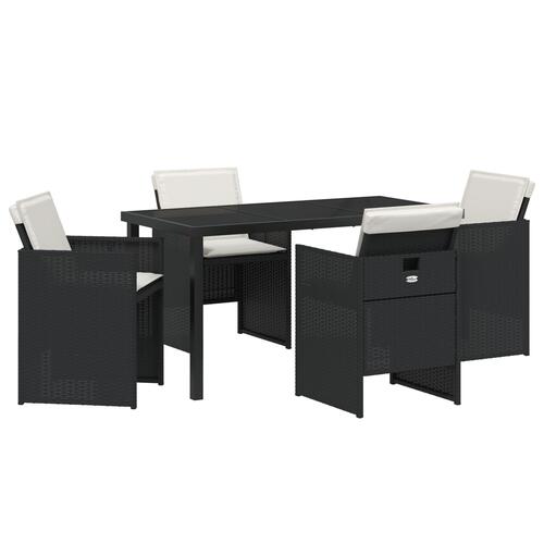5 delers have spisebord sæt med puder i sort poly rattan, have bord i sort 140x80x73 cm med hærdet glas