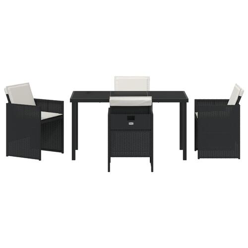 5 delers have spisebord sæt med puder i sort poly rattan, have bord i sort 140x80x73 cm med hærdet glas