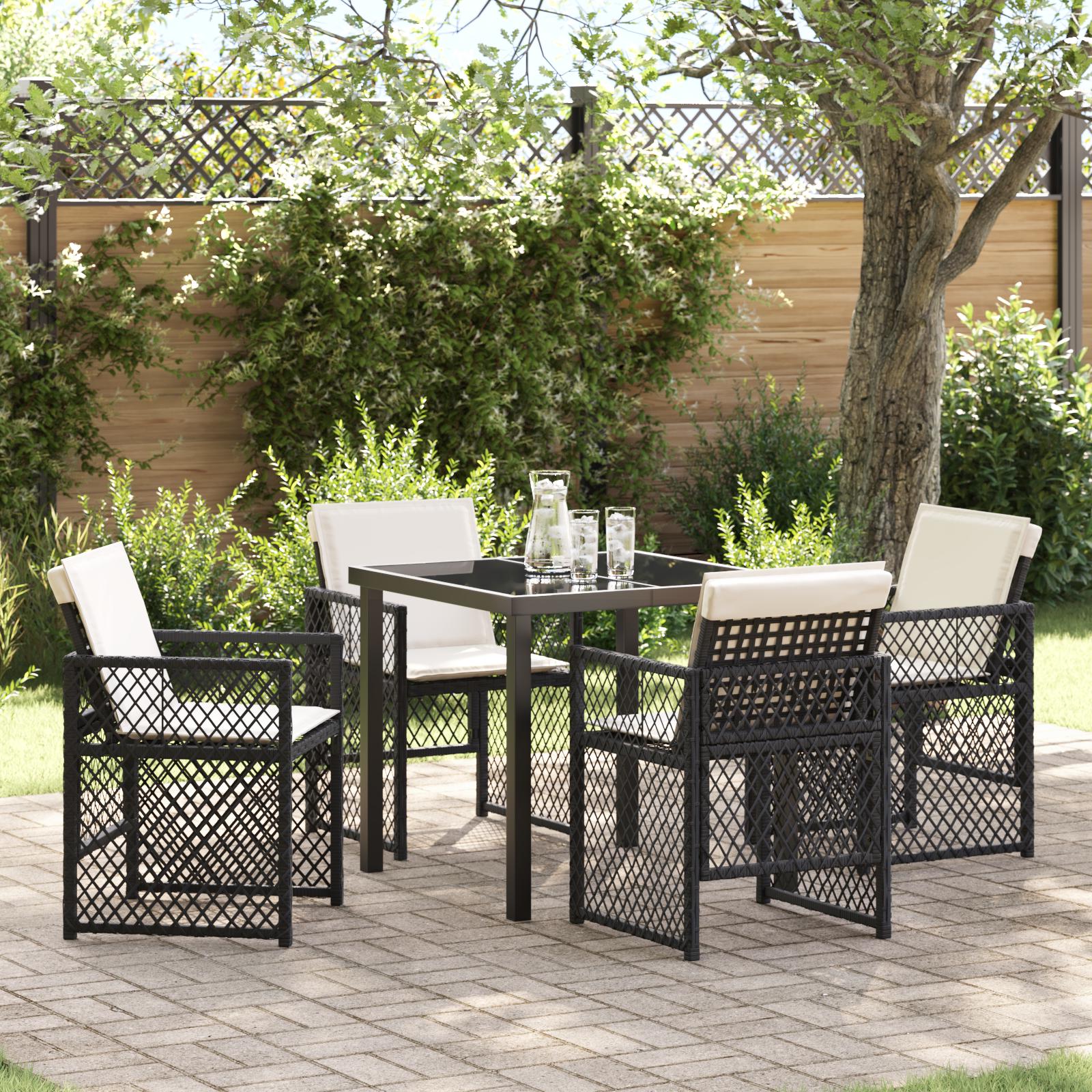 Have spisebordssæt i sort polyrattan - 5 dele med glasbord