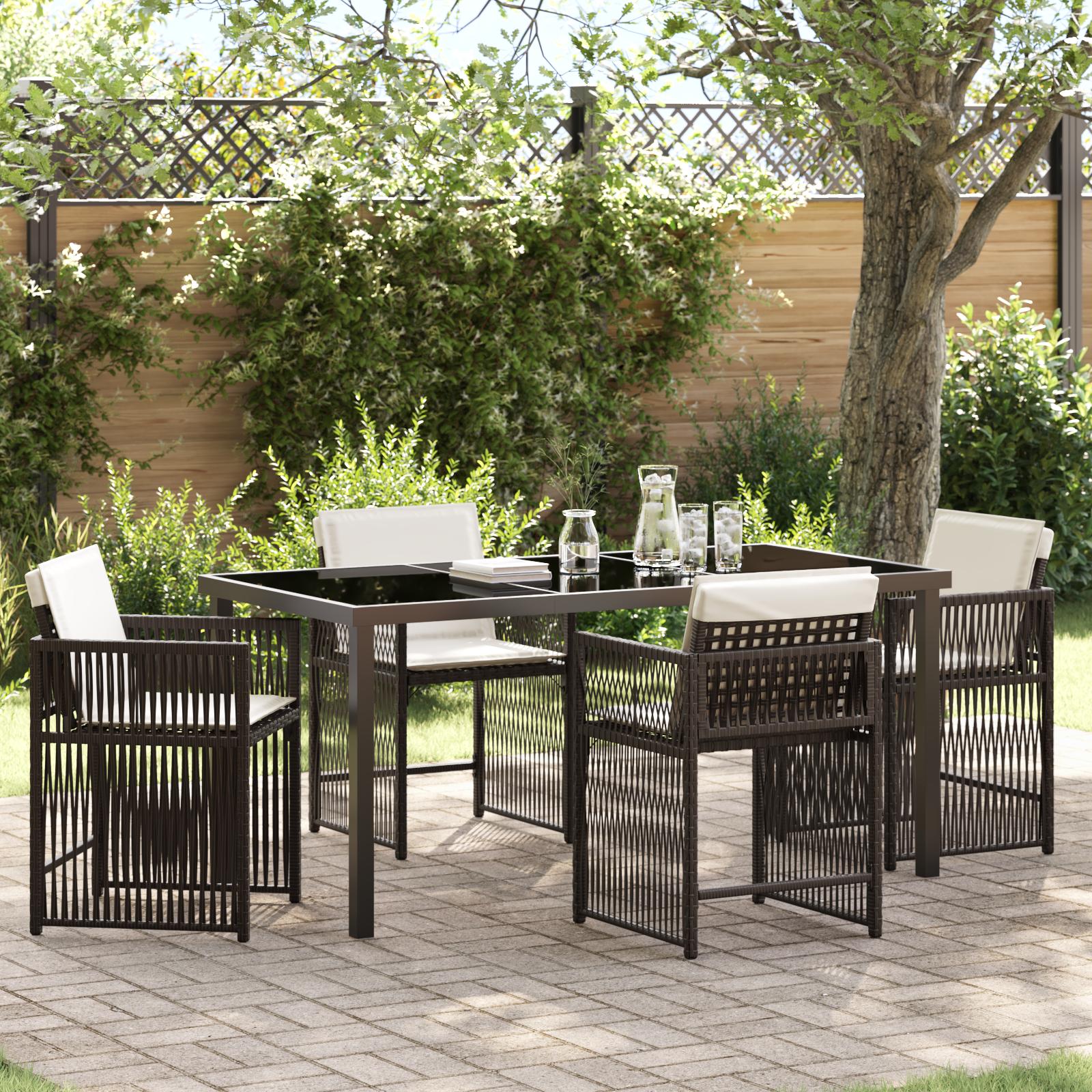 Have spisebordssæt i brun polyrattan - 5 dele med glasbord, 4 pladser