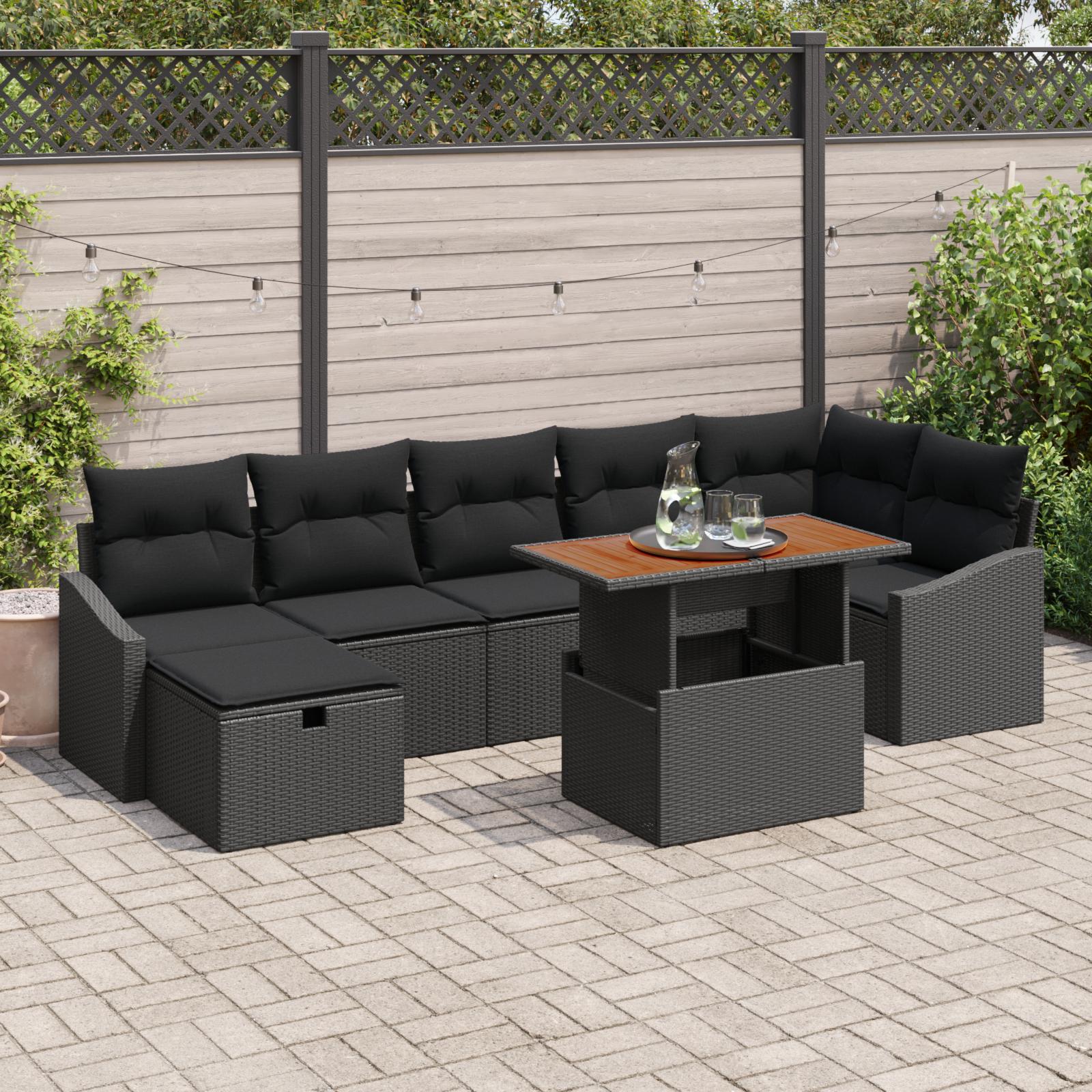 Havesofa SÃ¦t med pude med opbevaring 8 stk Sort Poly rattan