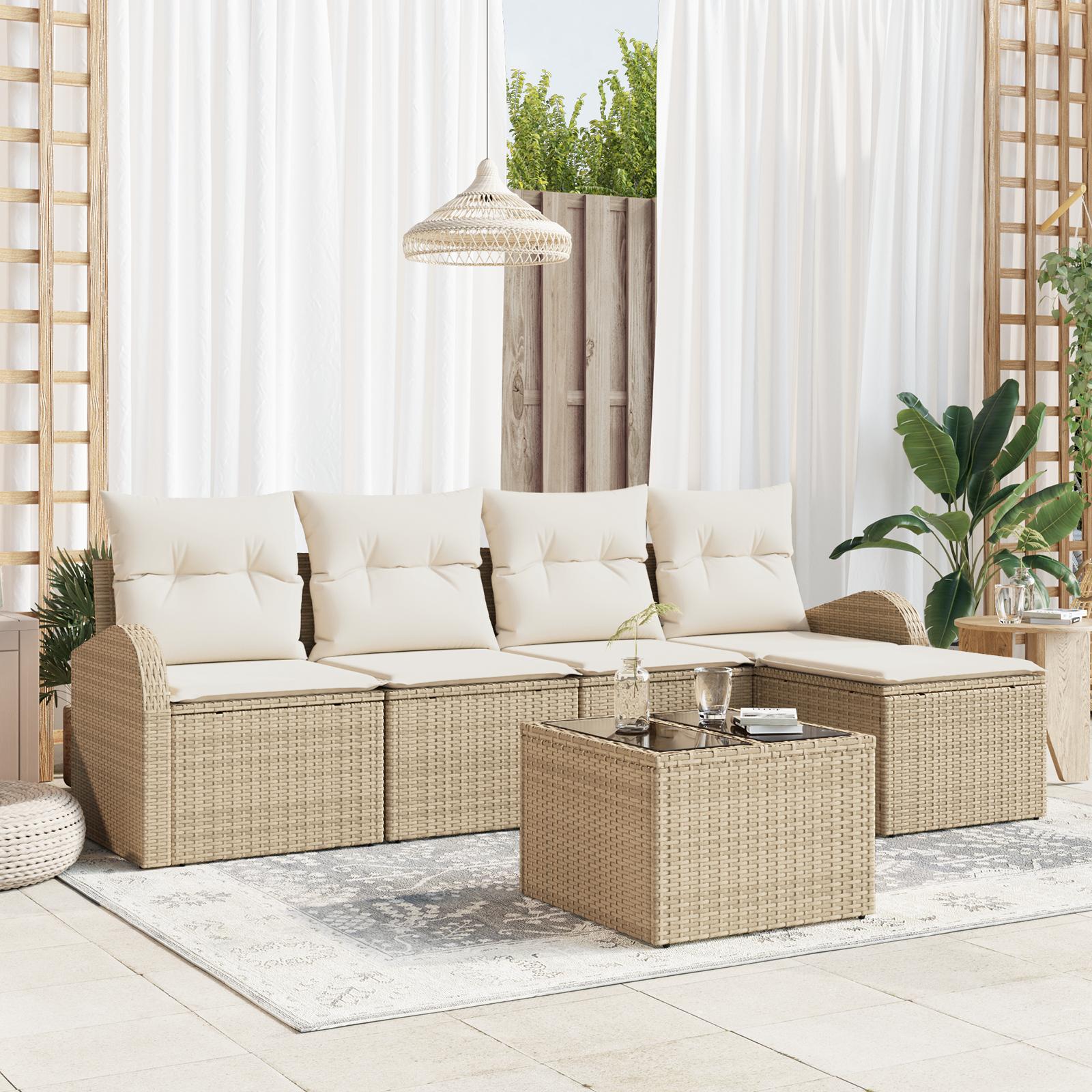 Sofa Sæt Med Pude Med Opbevaring 6 Dele Polyrattan - Beige og hvid